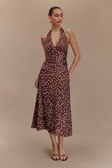 Marguerite Satin Halter Midi Dress - Brown Polka Dot Print
