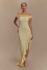 Arielle Off Shoulder Ruffle Midi Dress - Pastel Lemon