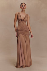Dania Cowl Neck Slinky Maxi Dress - Mocha Mousse