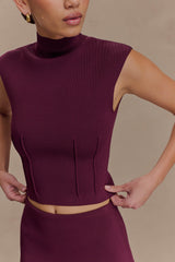 Romaine High Neck Bandage Knit Top - Wine