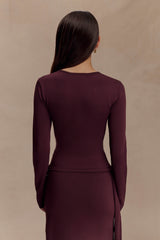 Miraby Front Ruched Knit Long Sleeve Top - Dark Chocolate