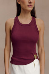 Lola Ribbed Sleeveless Top With Hardware - Burgundy