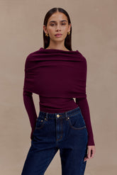 Mazie Asymetrical Cashmere Blend Long Sleeve Knit Top - Plum