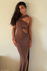 Lottie Slinky Maxi Dress With Split - Chocolate