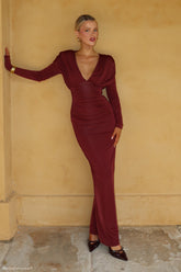 Hayden Long Sleeve Plunge Maxi Dress - Wine