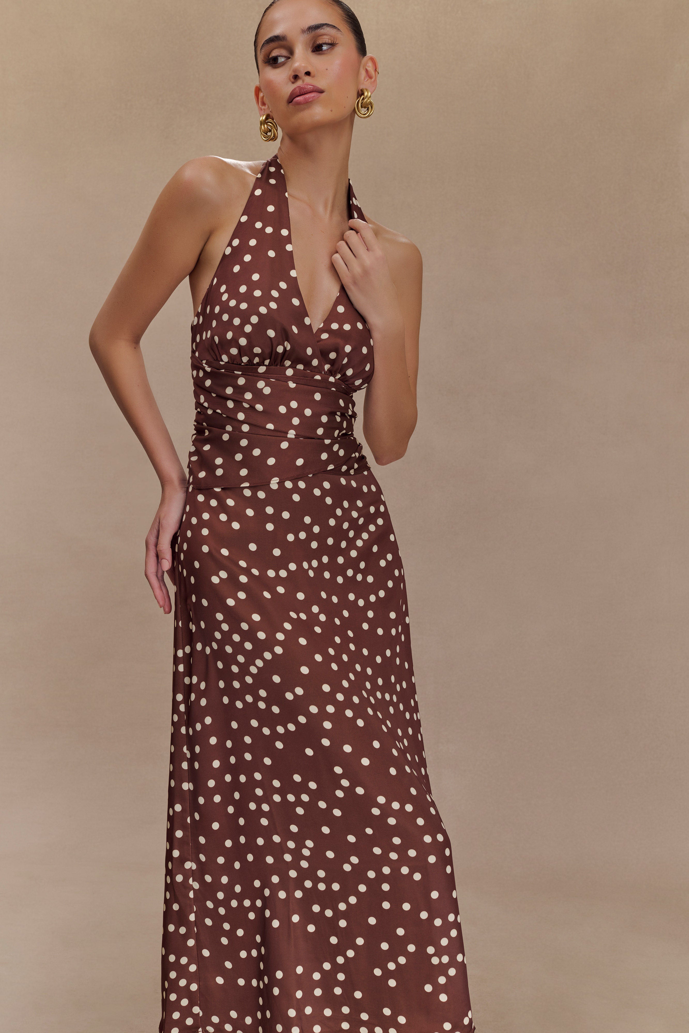 Marguerite Satin Halter Midi Dress - Brown Polka Dot Print