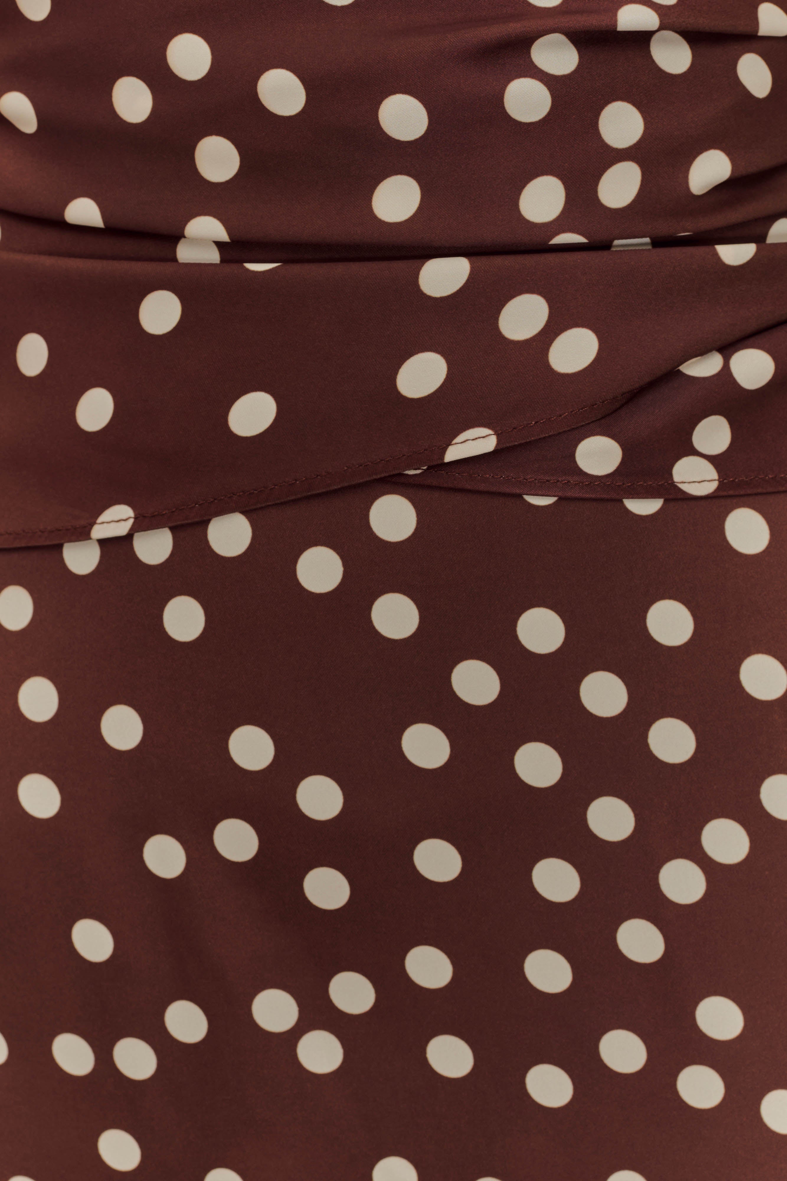Marguerite Satin Halter Midi Dress - Brown Polka Dot Print