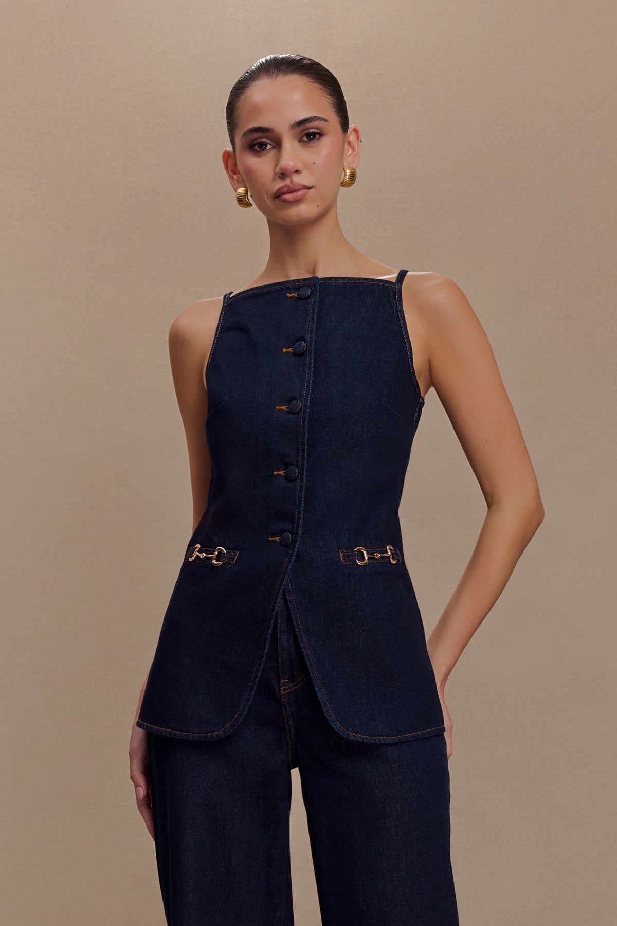 Ashton Sleeveless Button Denim Top - Indigo Blue