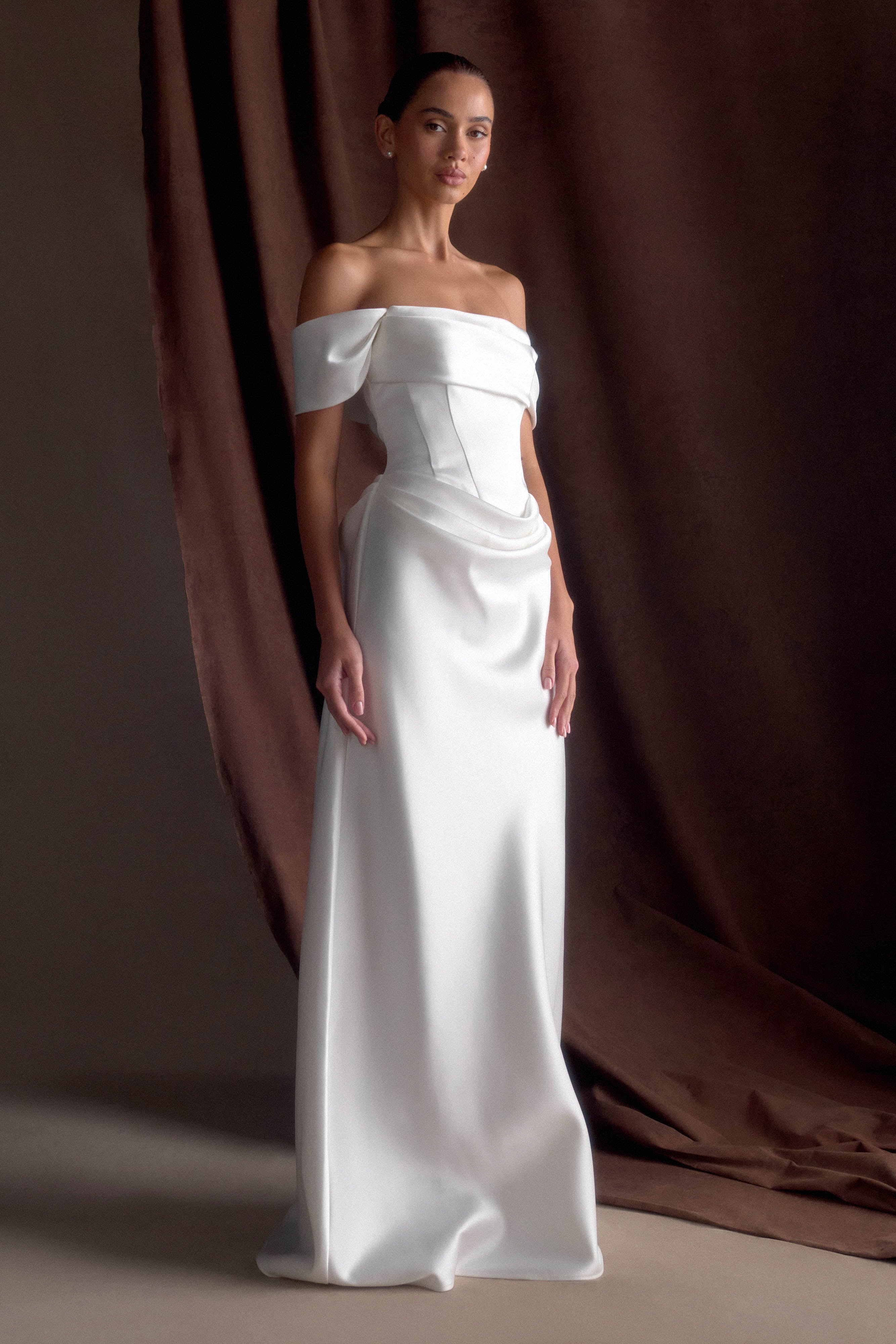 Luna Satin Off Shoulder Gown - White