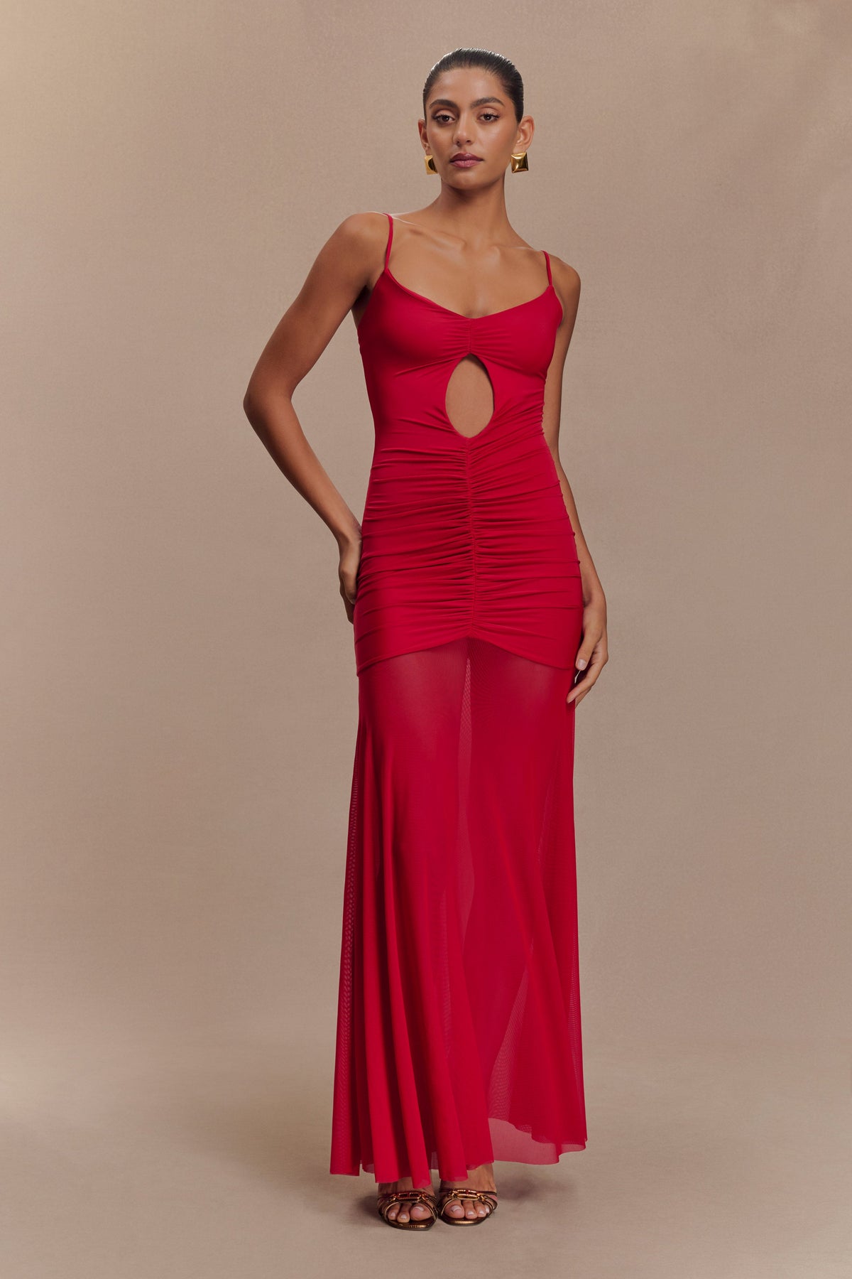 Delaney Slinky And Mesh Maxi Dress - Red