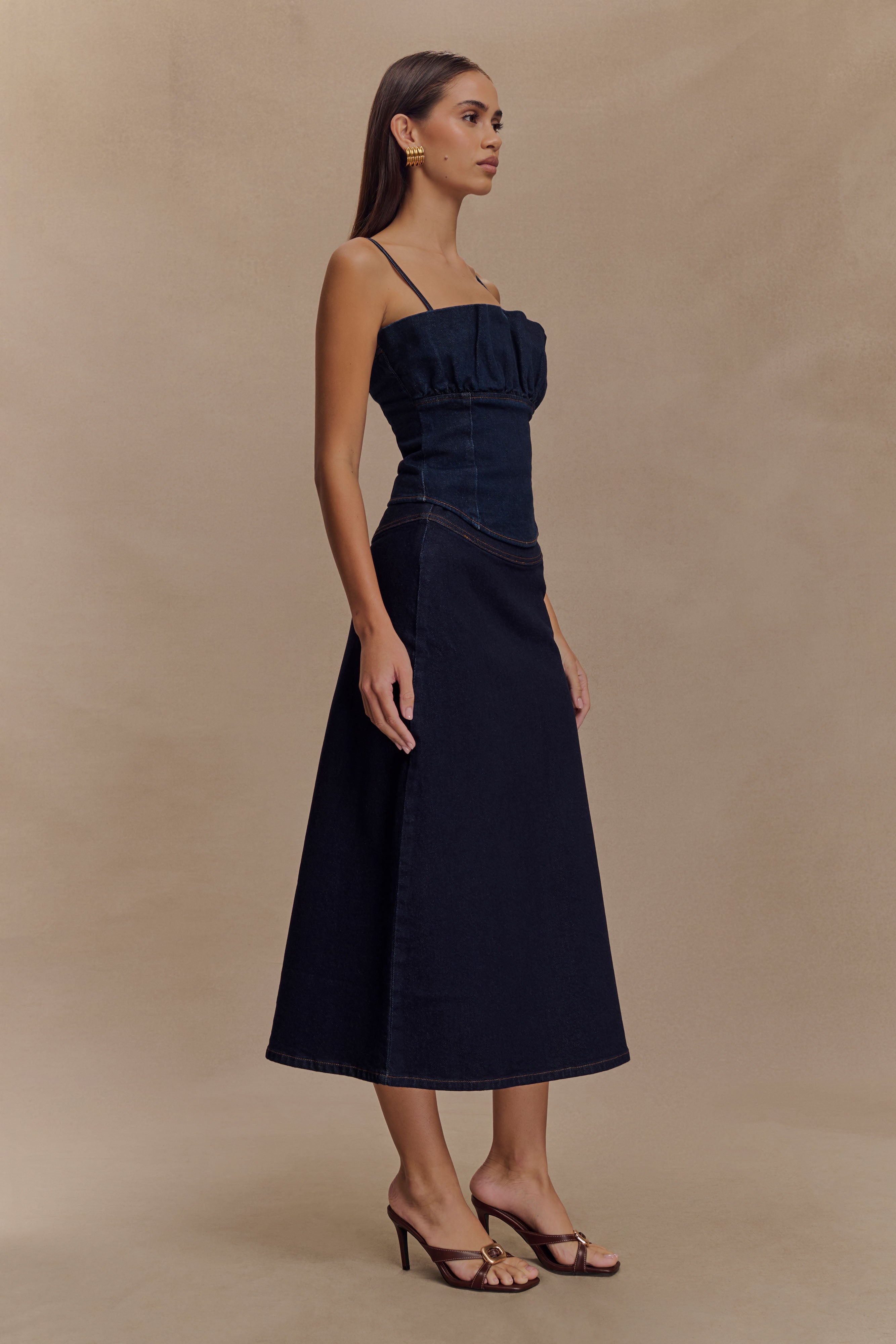 Cecilia Denim A-Line Midi Skirt - Indigo Blue