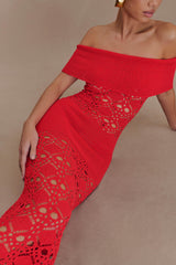 Solstice Off Shoulder Crochet Knit Maxi Dress - Blood Orange