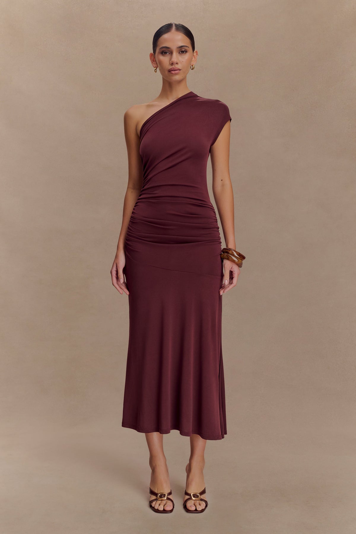 Chloe Peached Jersey One Shoulder Midi Dress - Mahogany