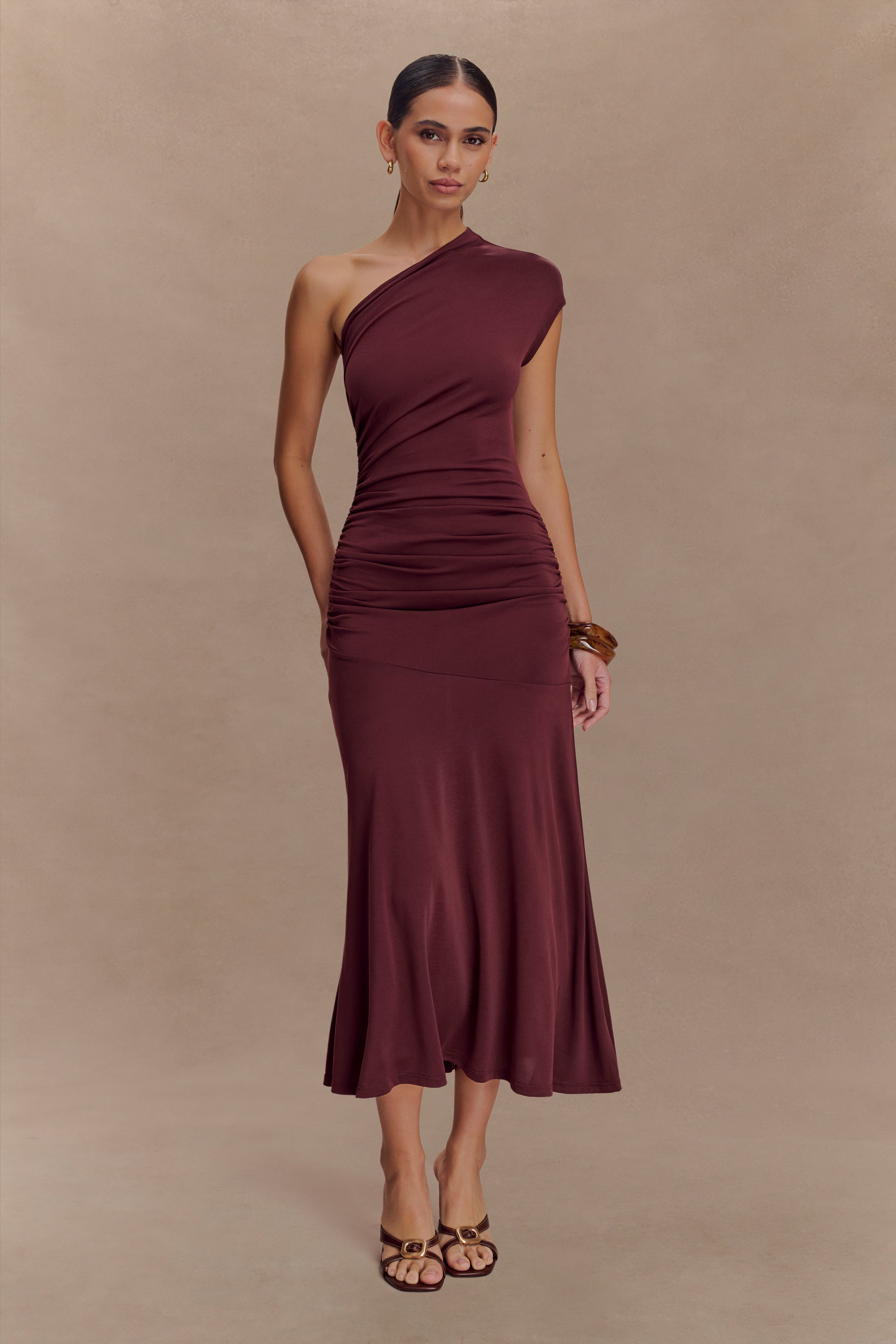 Chloe Peached Jersey One Shoulder Midi Dress - Mahogany