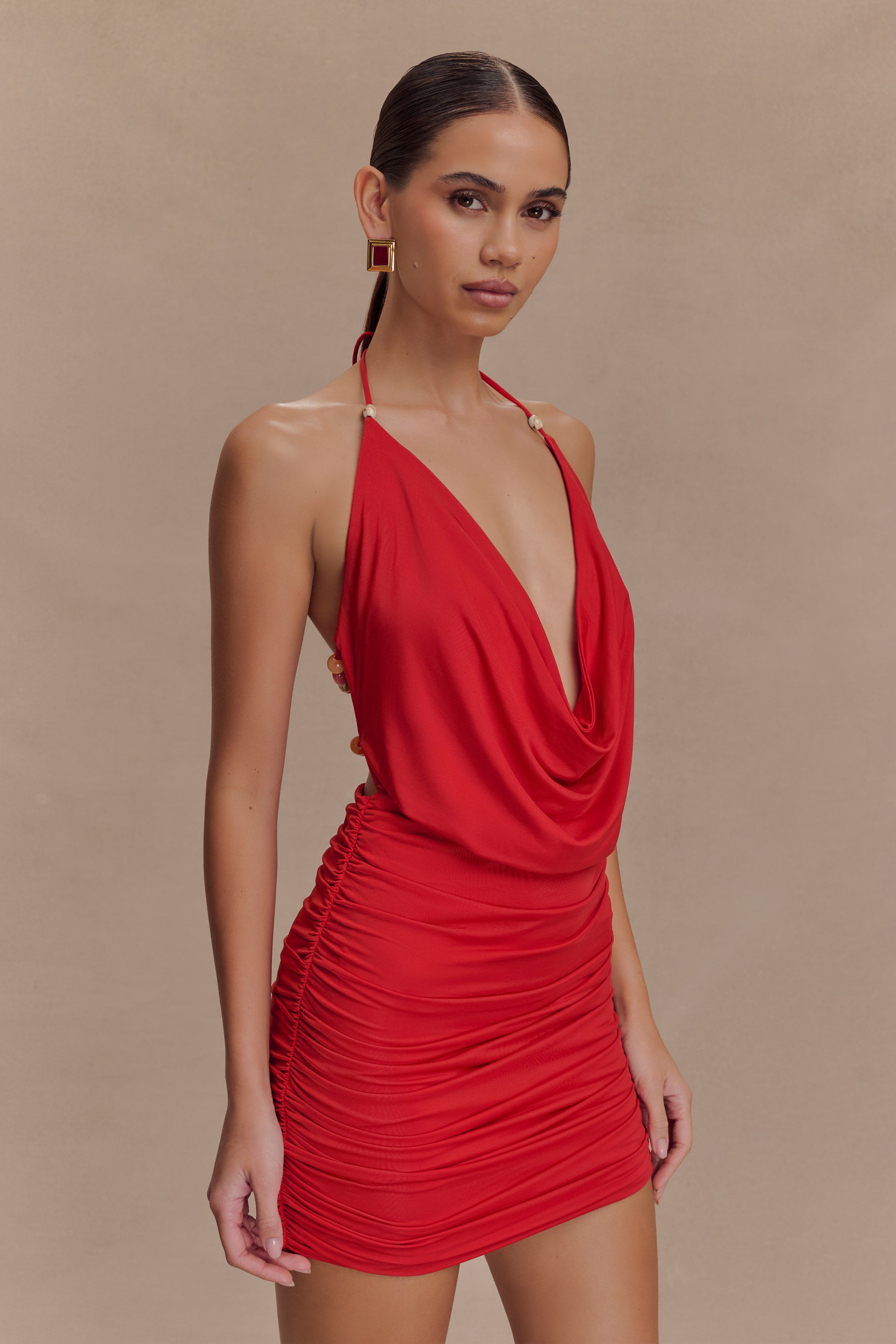 Astraeus Beaded Cowl Mini Dress - Desert Red