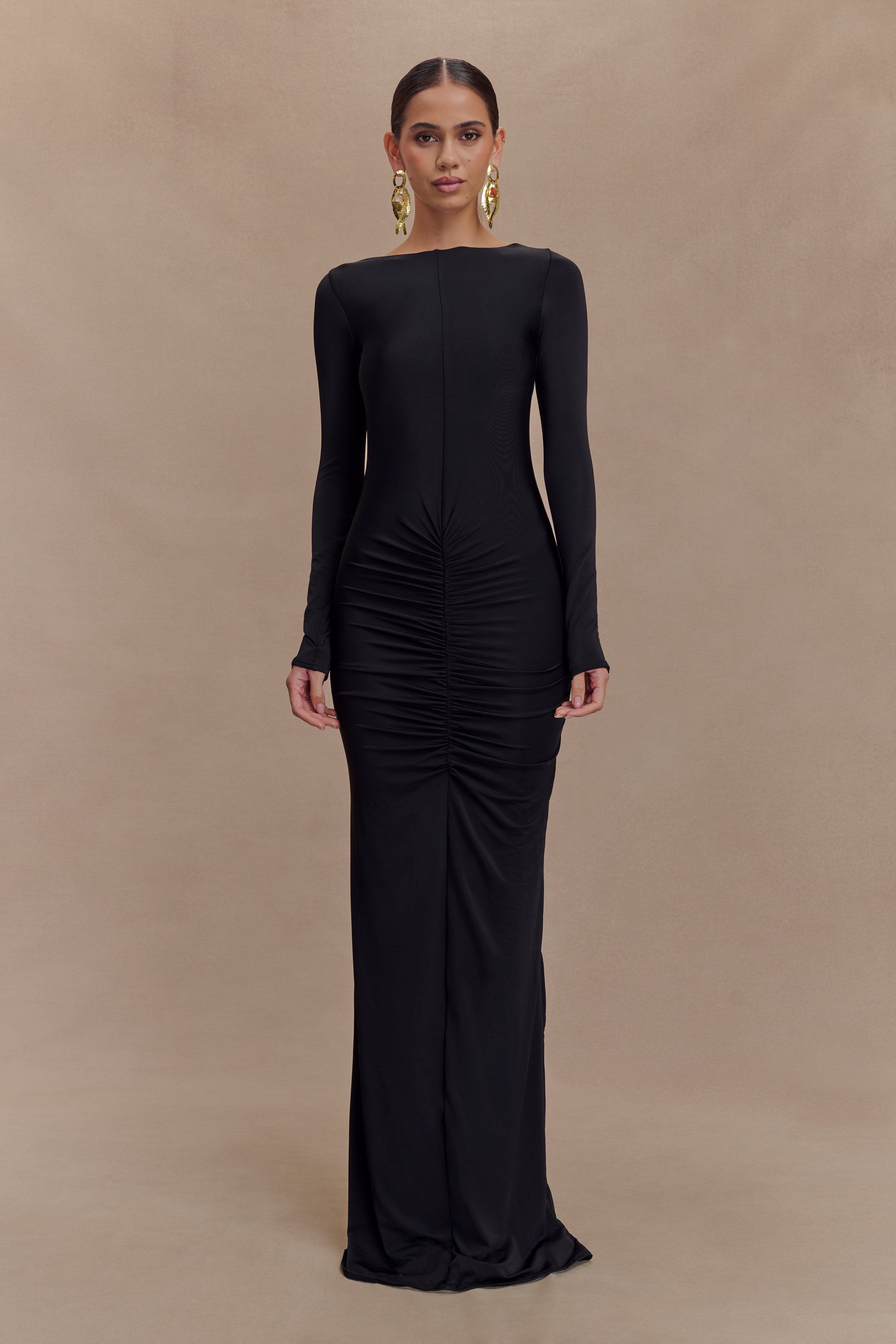 Louisa Long Sleeve Slinky Maxi Dress - Black