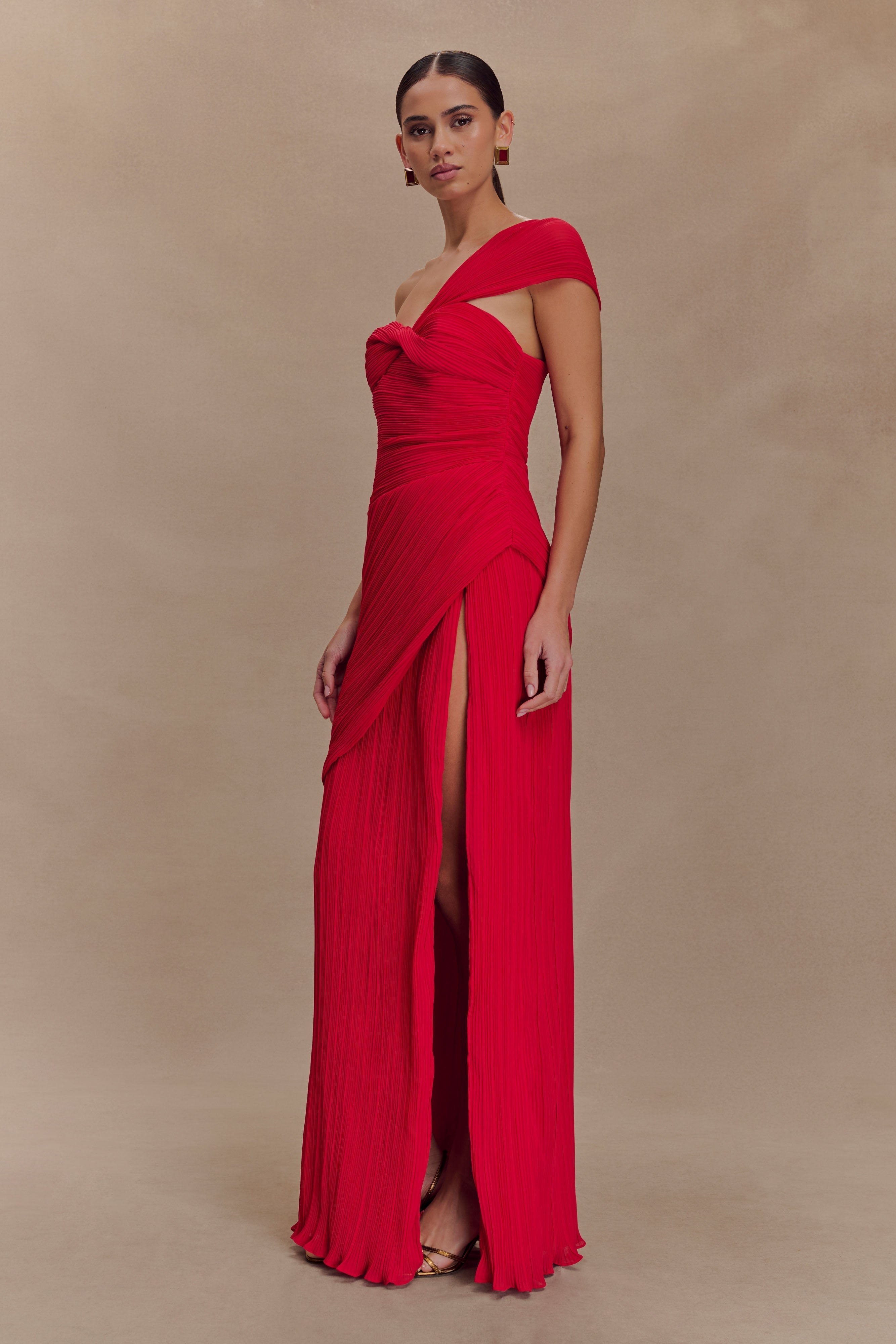 Tamara Shirred Chiffon Midi Dress - Red