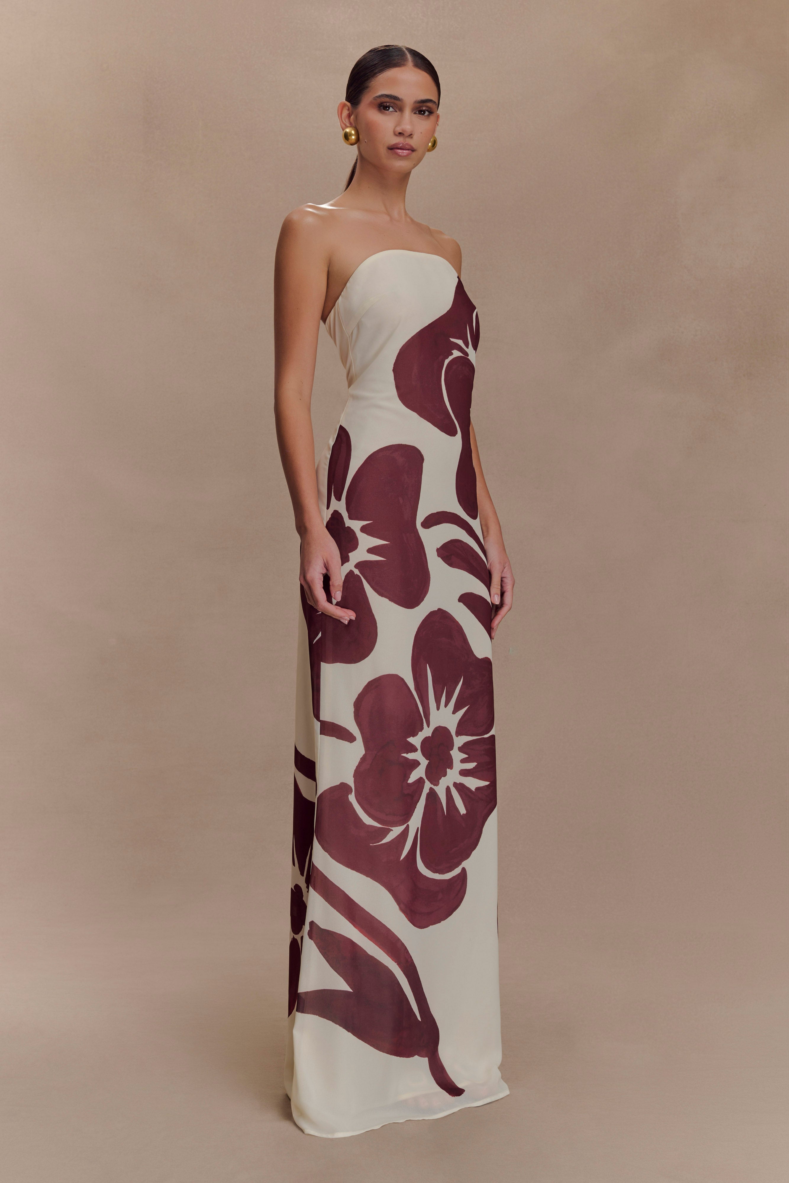Amaya Strapless Chiffon Maxi Dress - Brown Deco Fleur Print