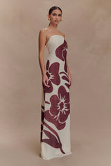 Amaya Strapless Chiffon Maxi Dress - Brown Deco Fleur Print