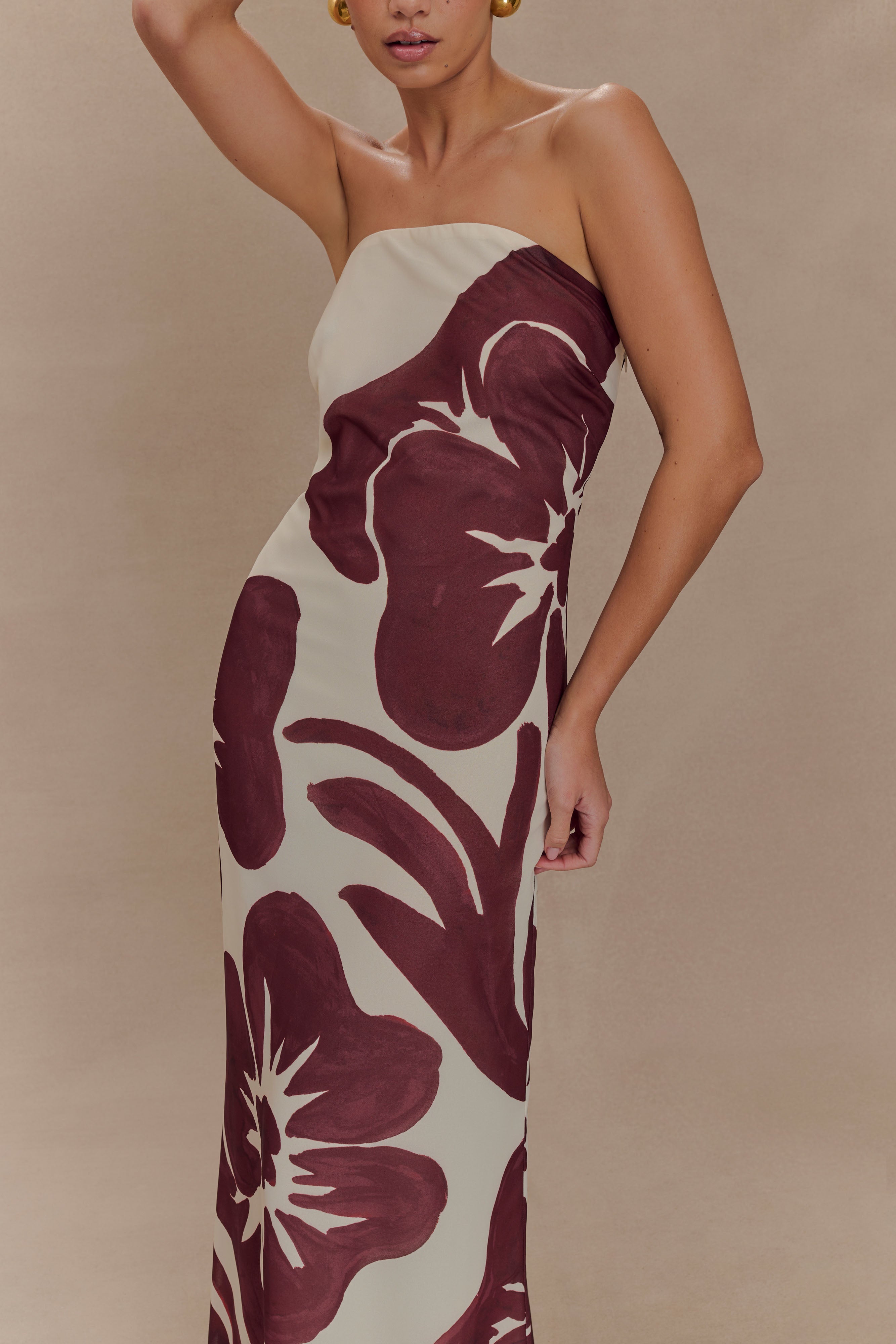 Amaya Strapless Chiffon Maxi Dress - Brown Deco Fleur Print