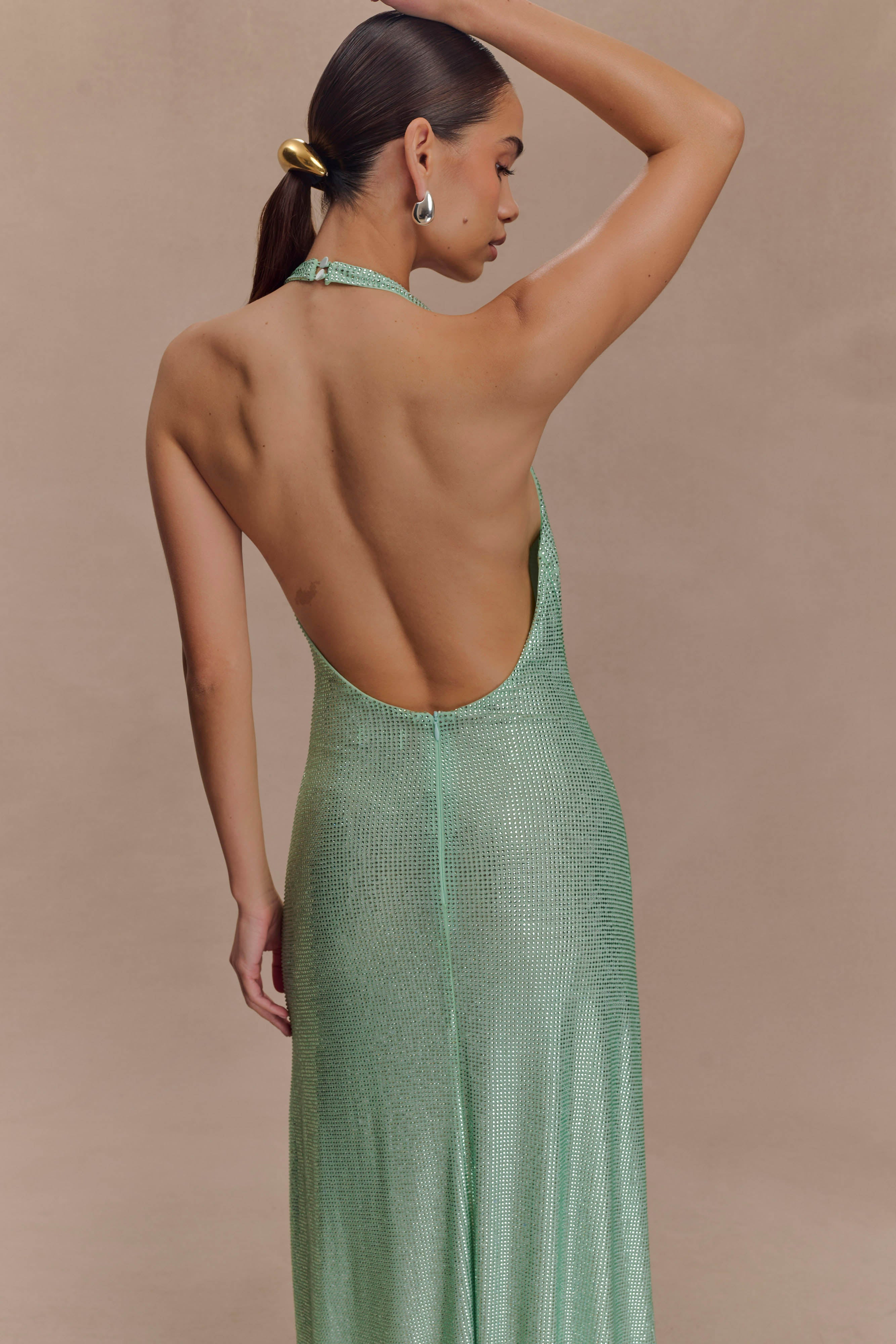 Genie Diamante Halter Midi Dress - Mint