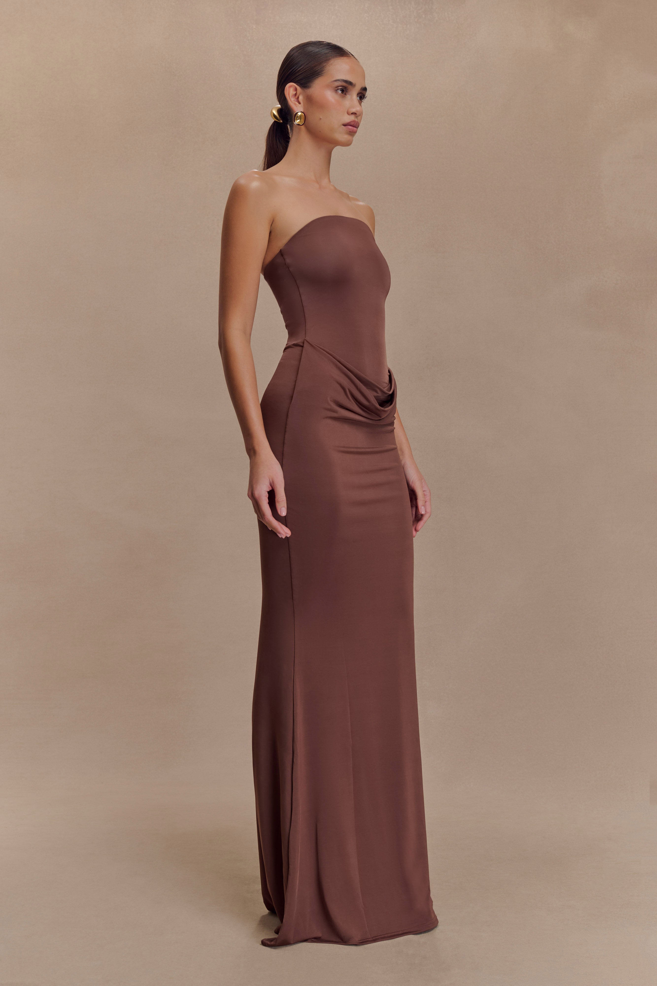 Madison Strapless Slinky Maxi Dress - Chocolate