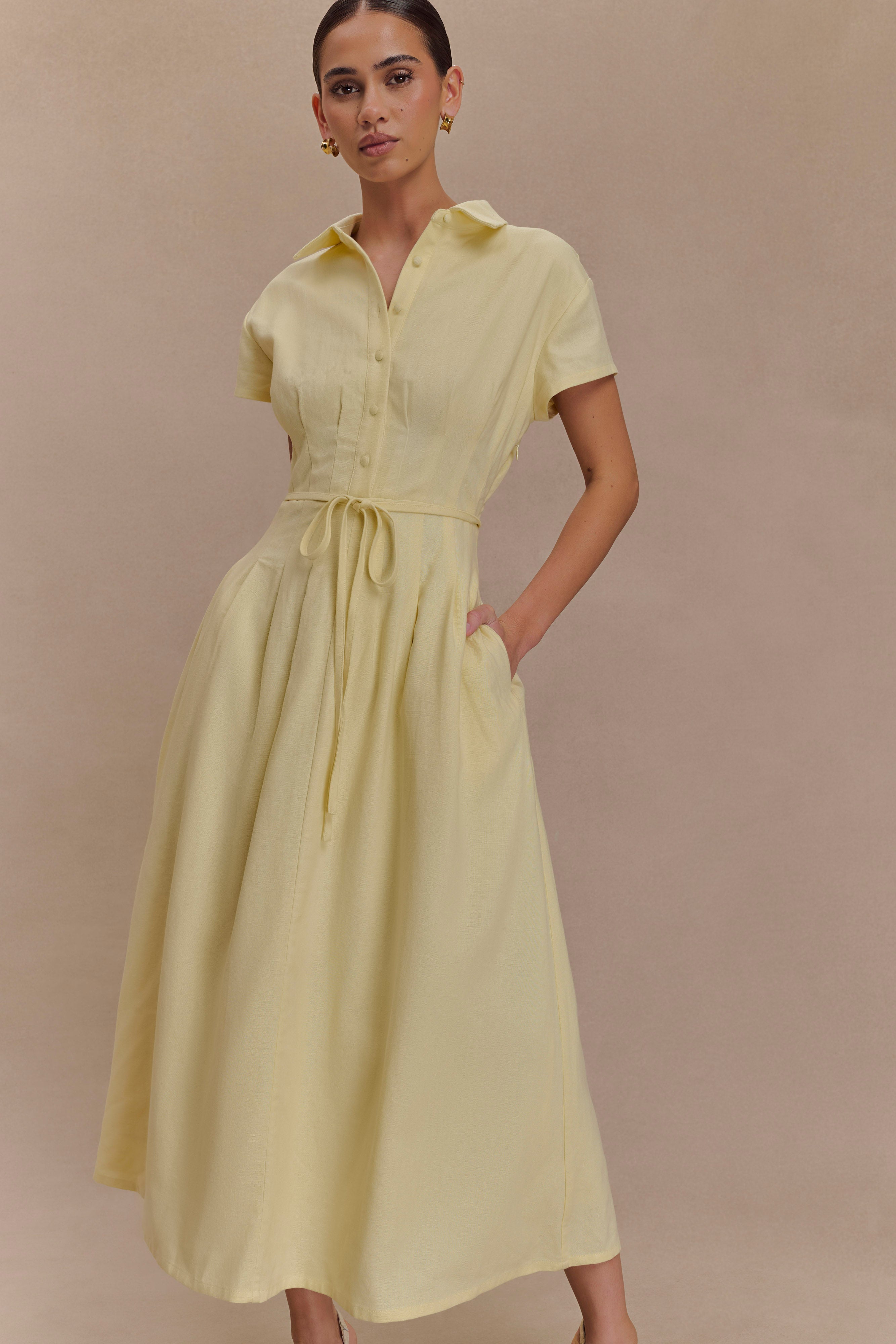 Aysha Buttoned Linen Midi Dress - Lemon