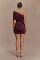Dallas One Shoulder Mesh Mini Dress  - Mahogany