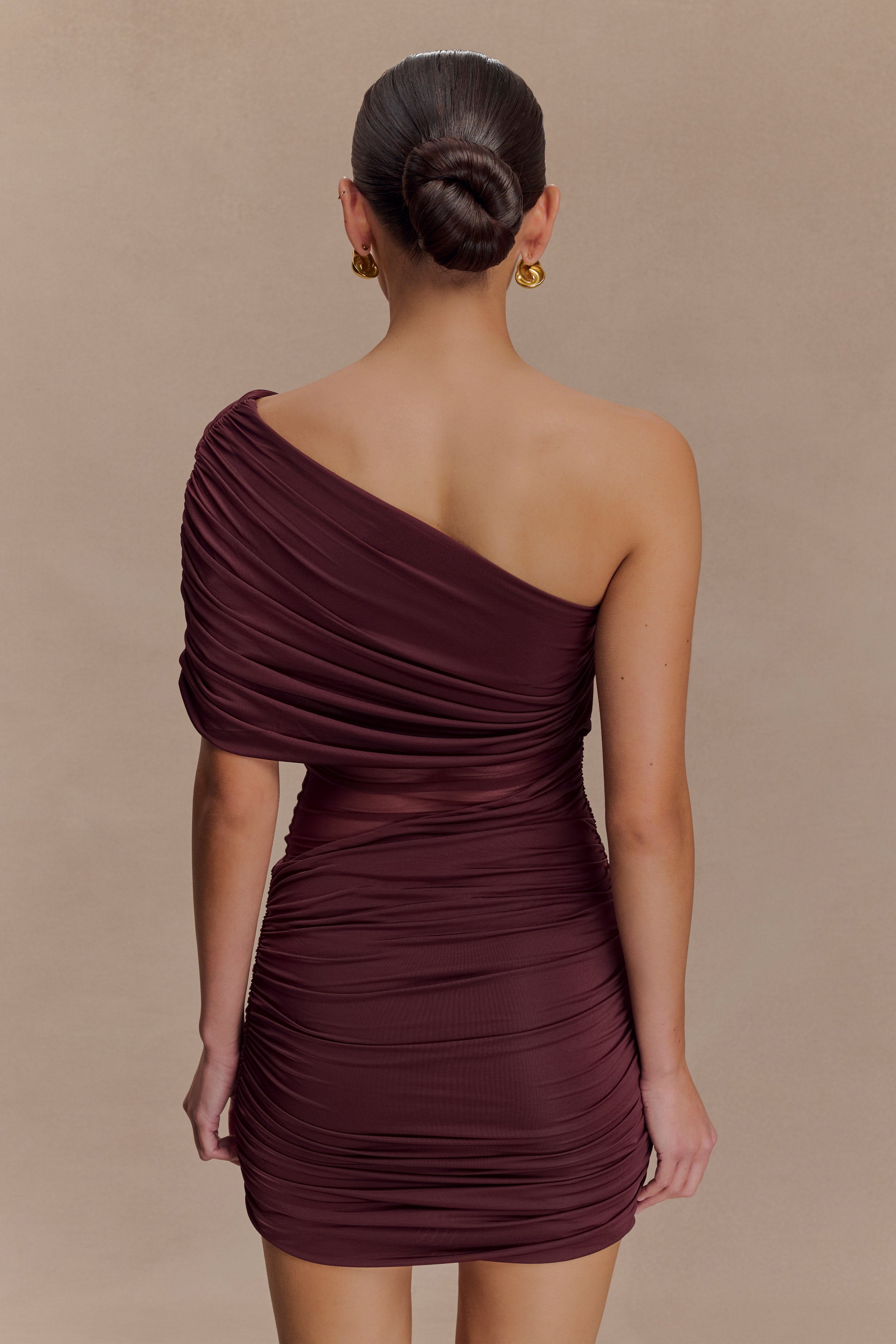 Dallas One Shoulder Mesh Mini Dress  - Mahogany