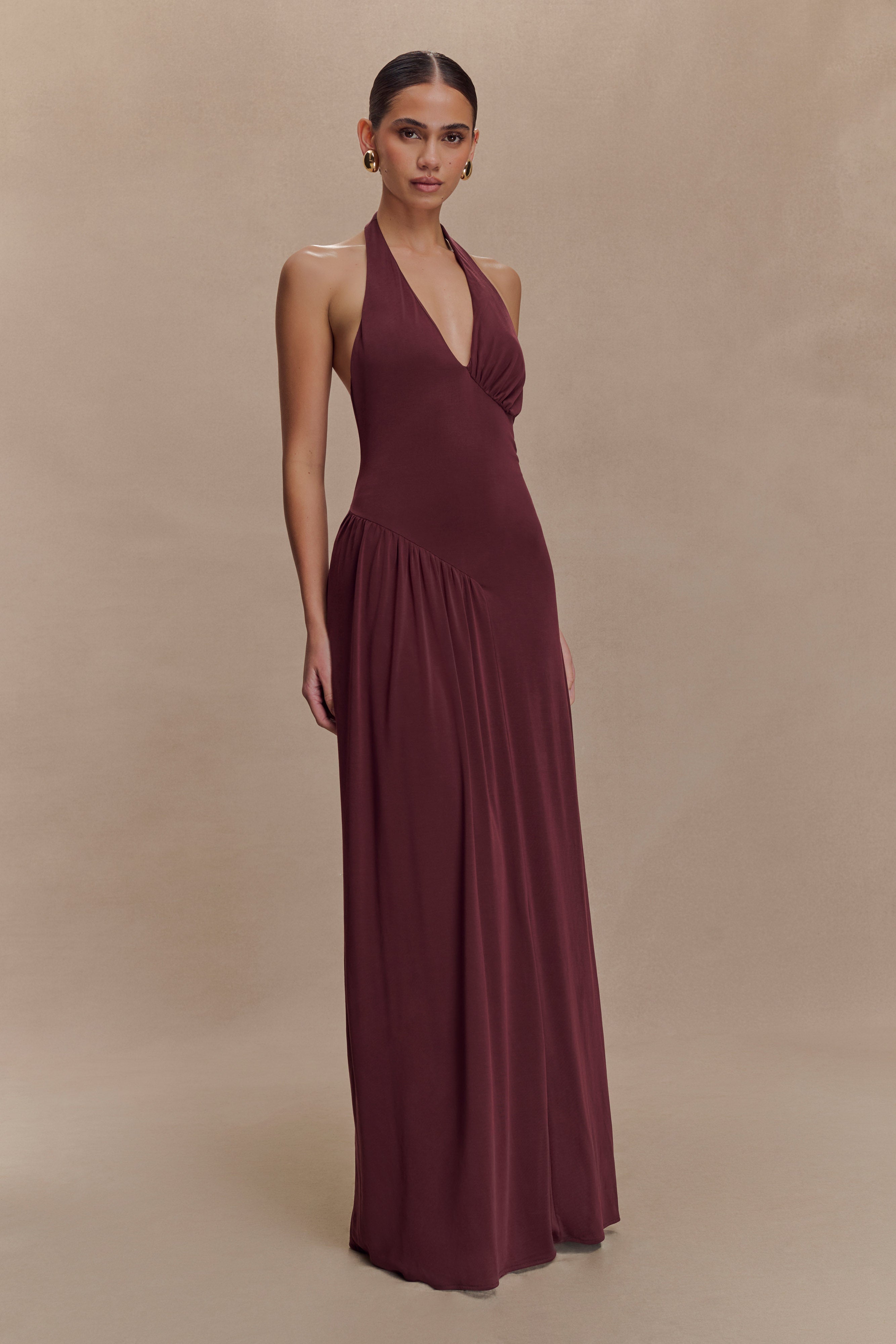 Yelena Ruched Halter Maxi Dress - Mahogany