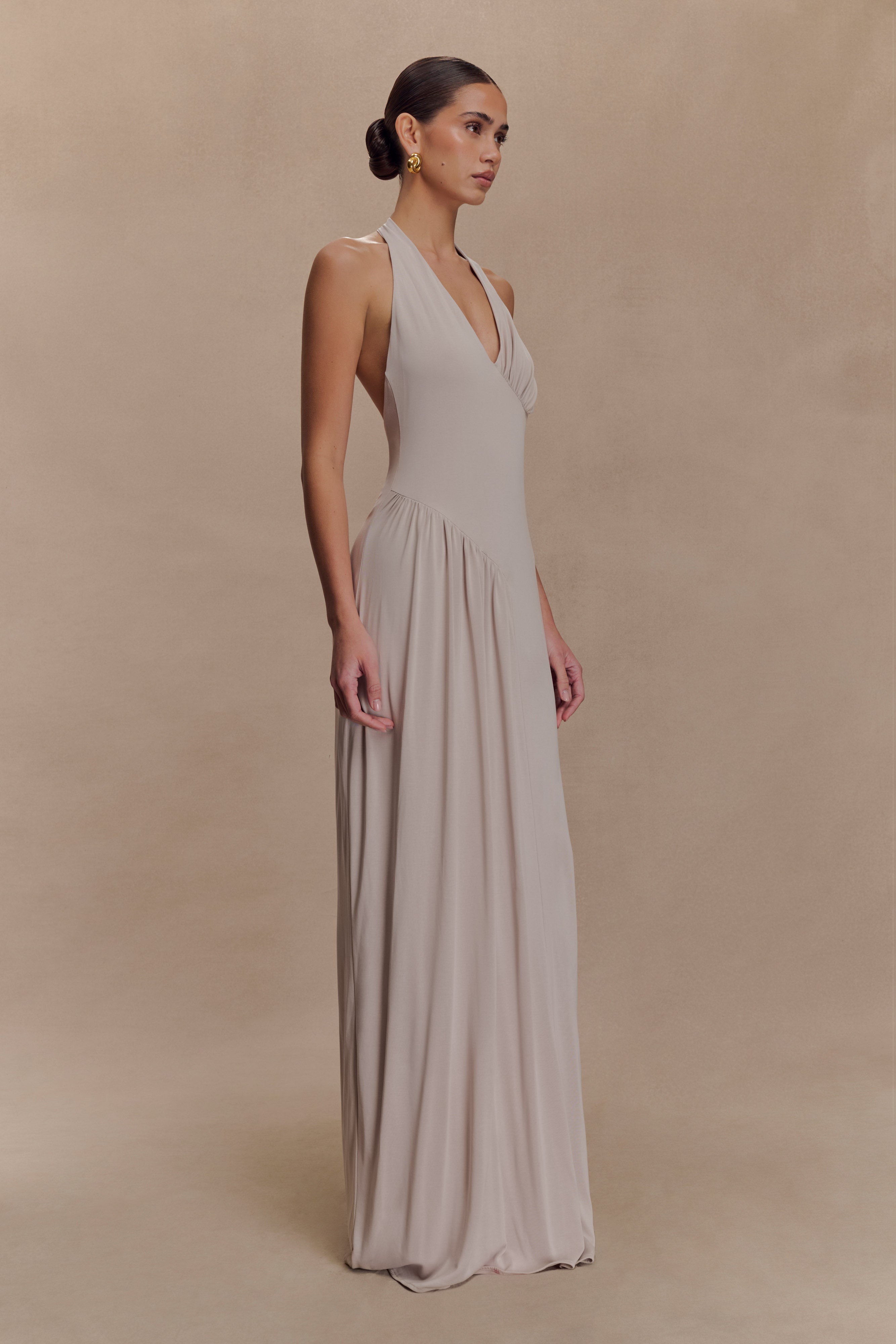 Yelena Ruched Halter Maxi Dress - Taupe