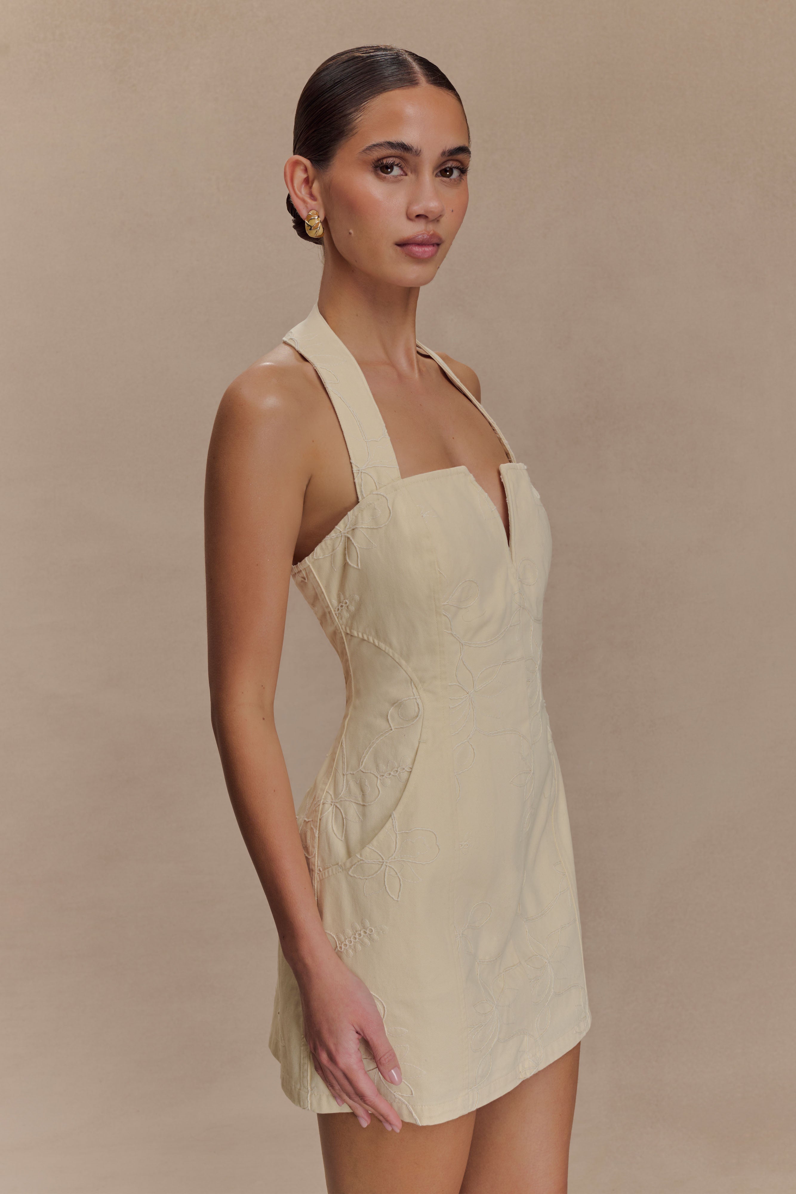 Ebony Embroidered Denim Mini Dress - Cream