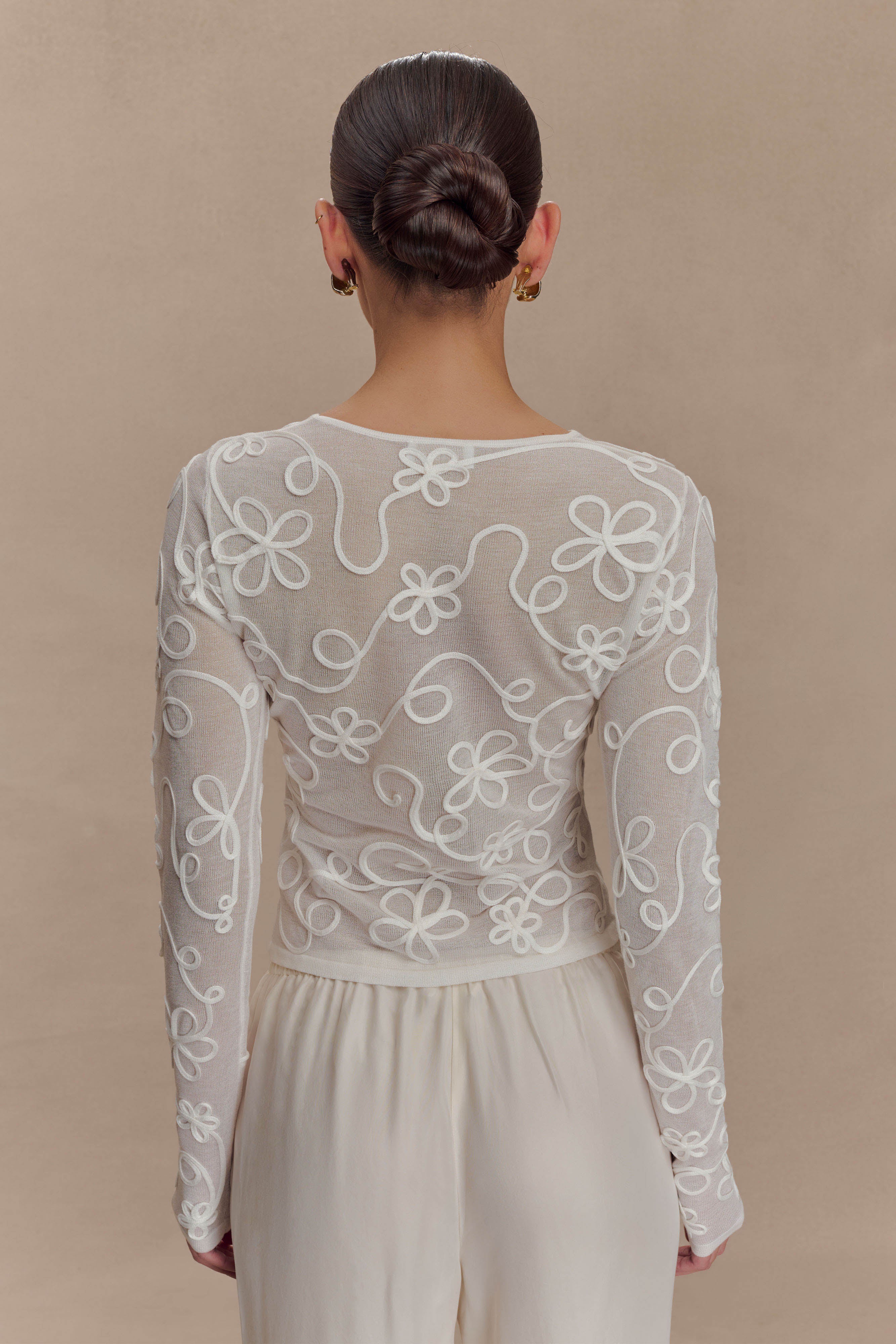 Omari Embroidery Long Sleeve Knit Top - Ivory
