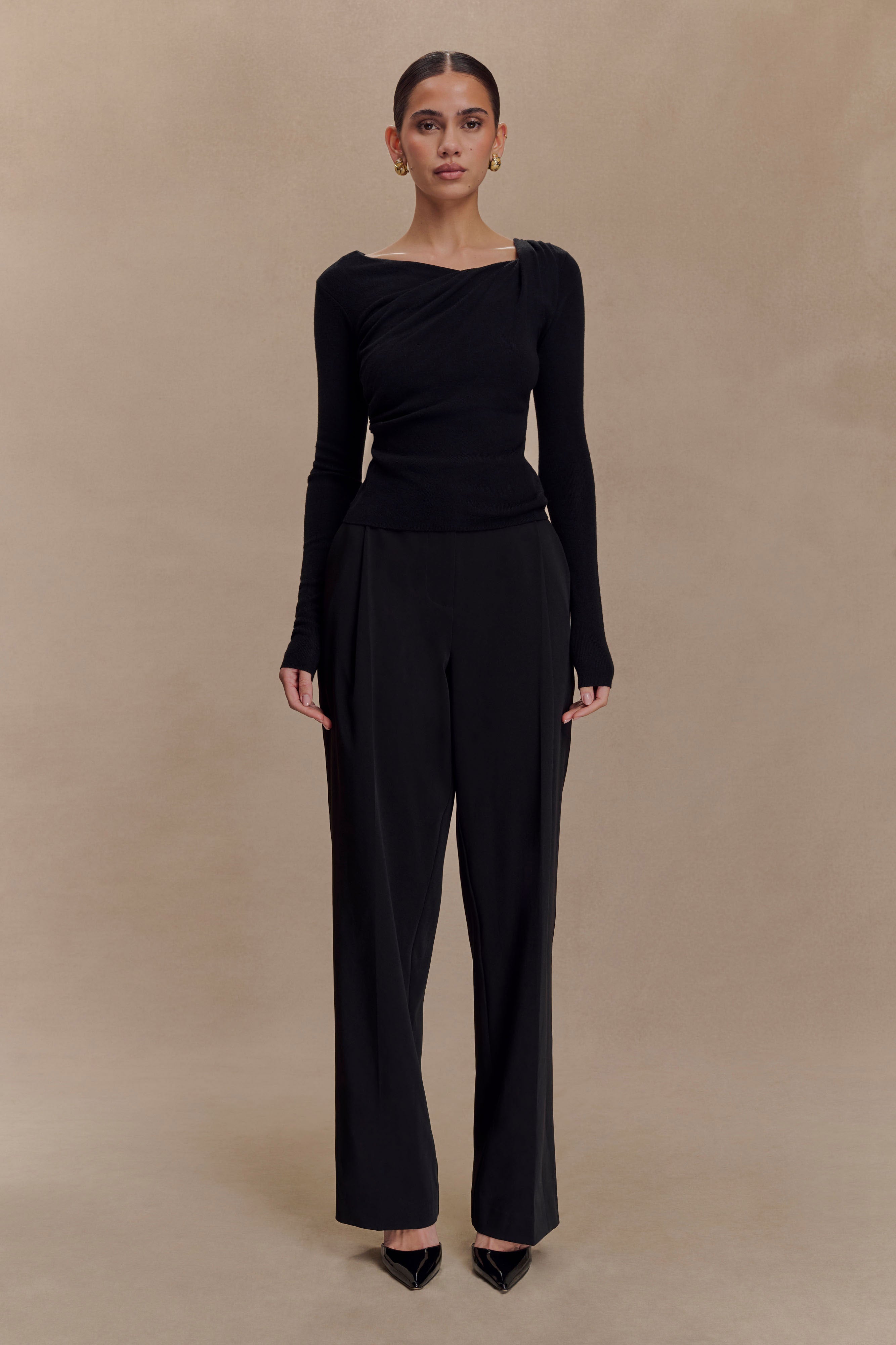 Culver Draped Twist Knit Top - Black