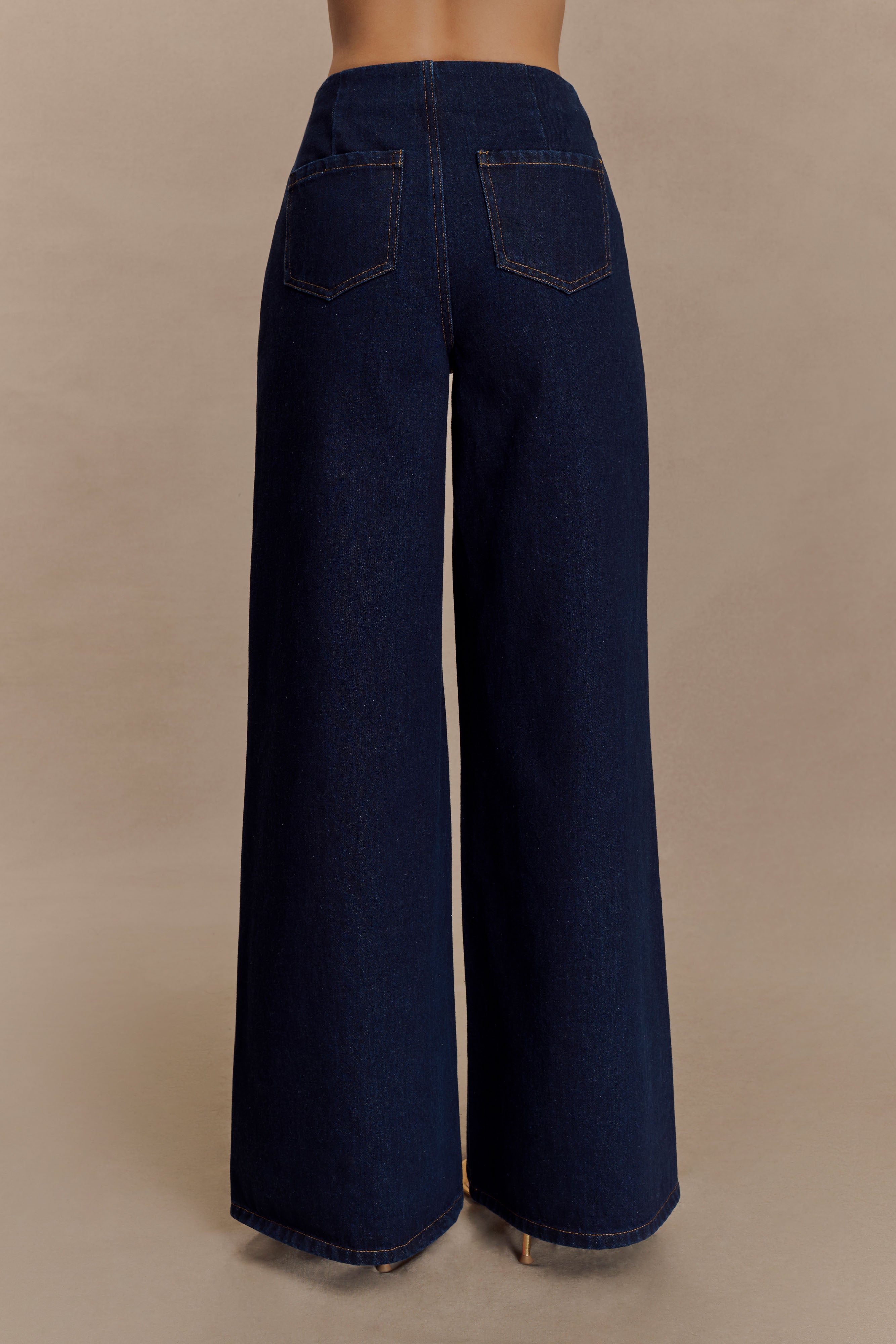 Miranda Faux Suede Belted Denim Wide Leg Jeans - Indigo Blue
