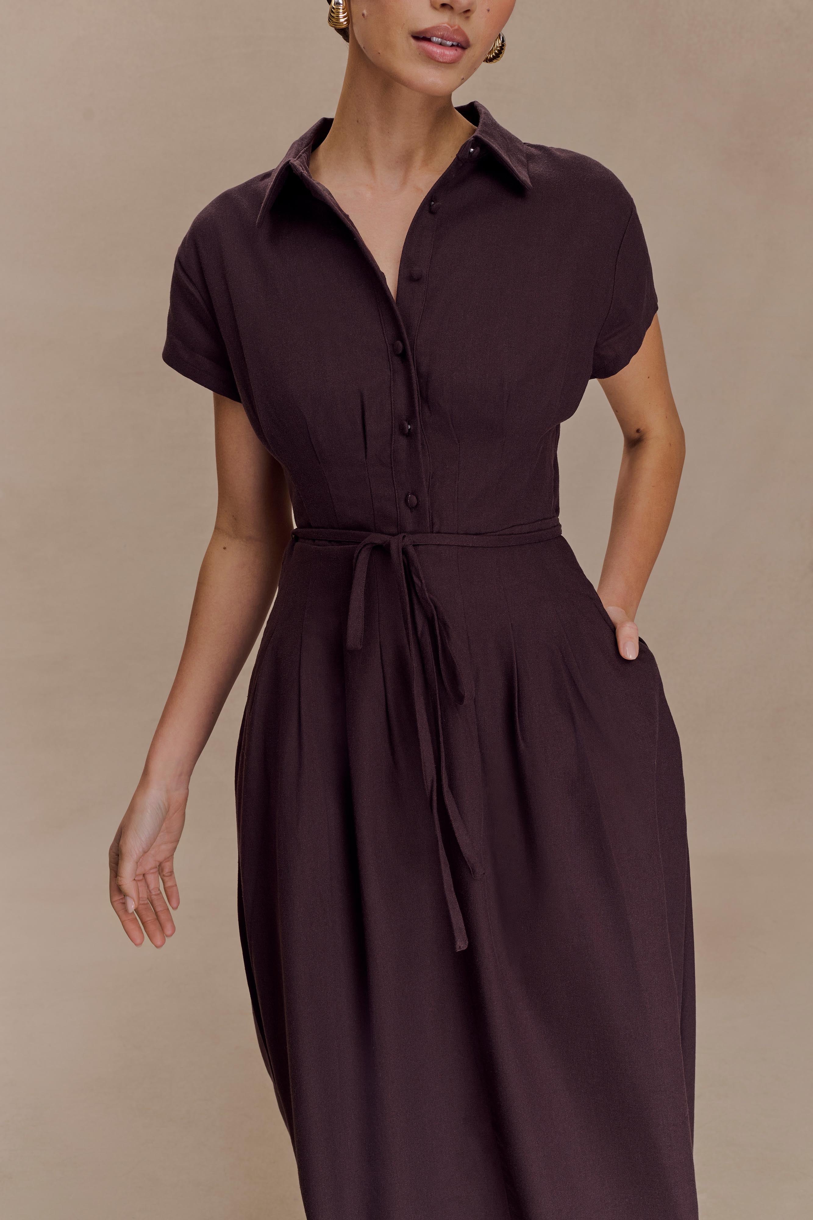 Aysha Buttoned Linen Midi Dress - Chocolate