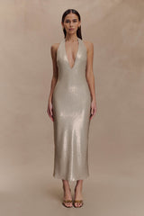 Carnation Sequin Halter Midi Dress - Gold