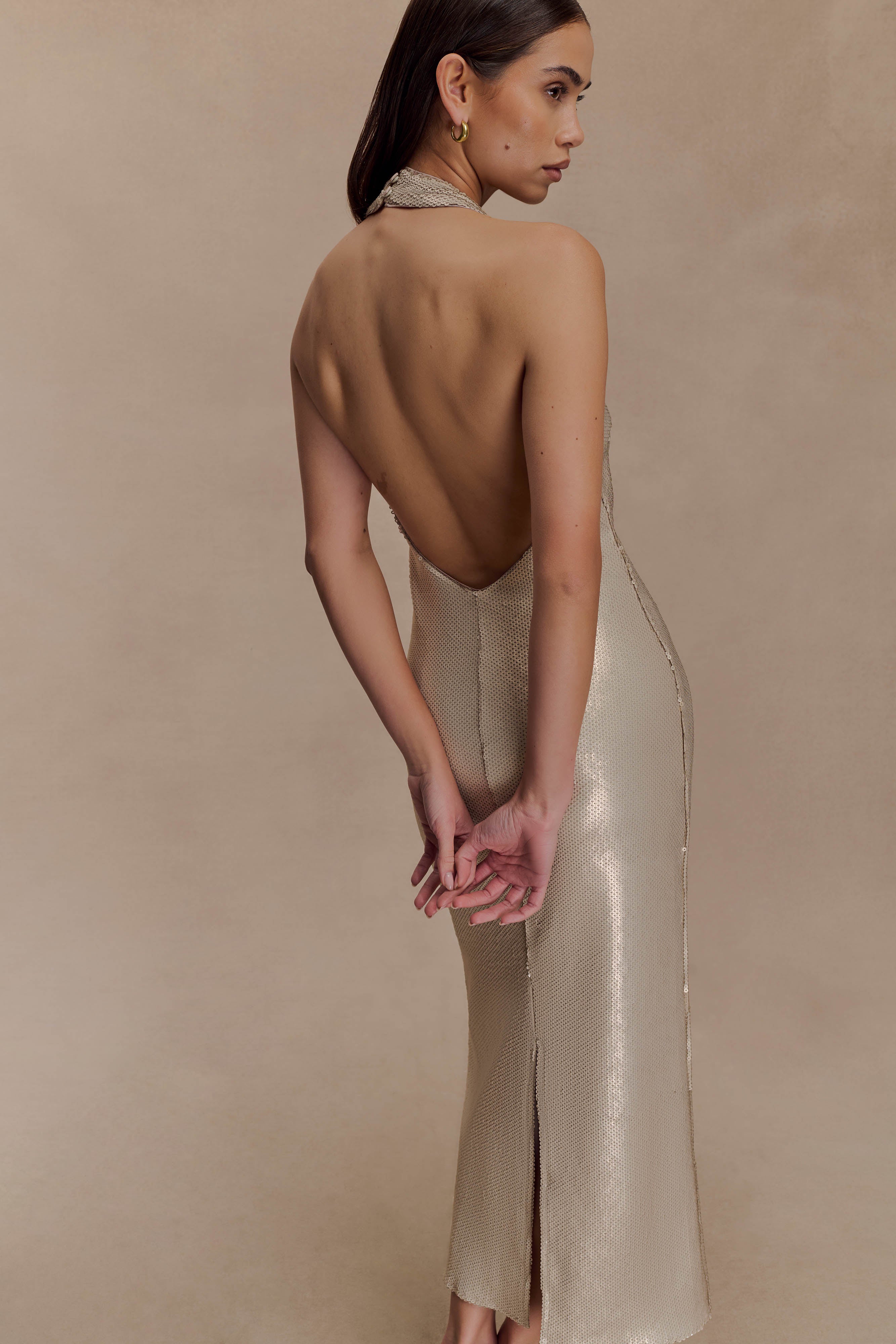 Carnation Sequin Halter Midi Dress - Gold