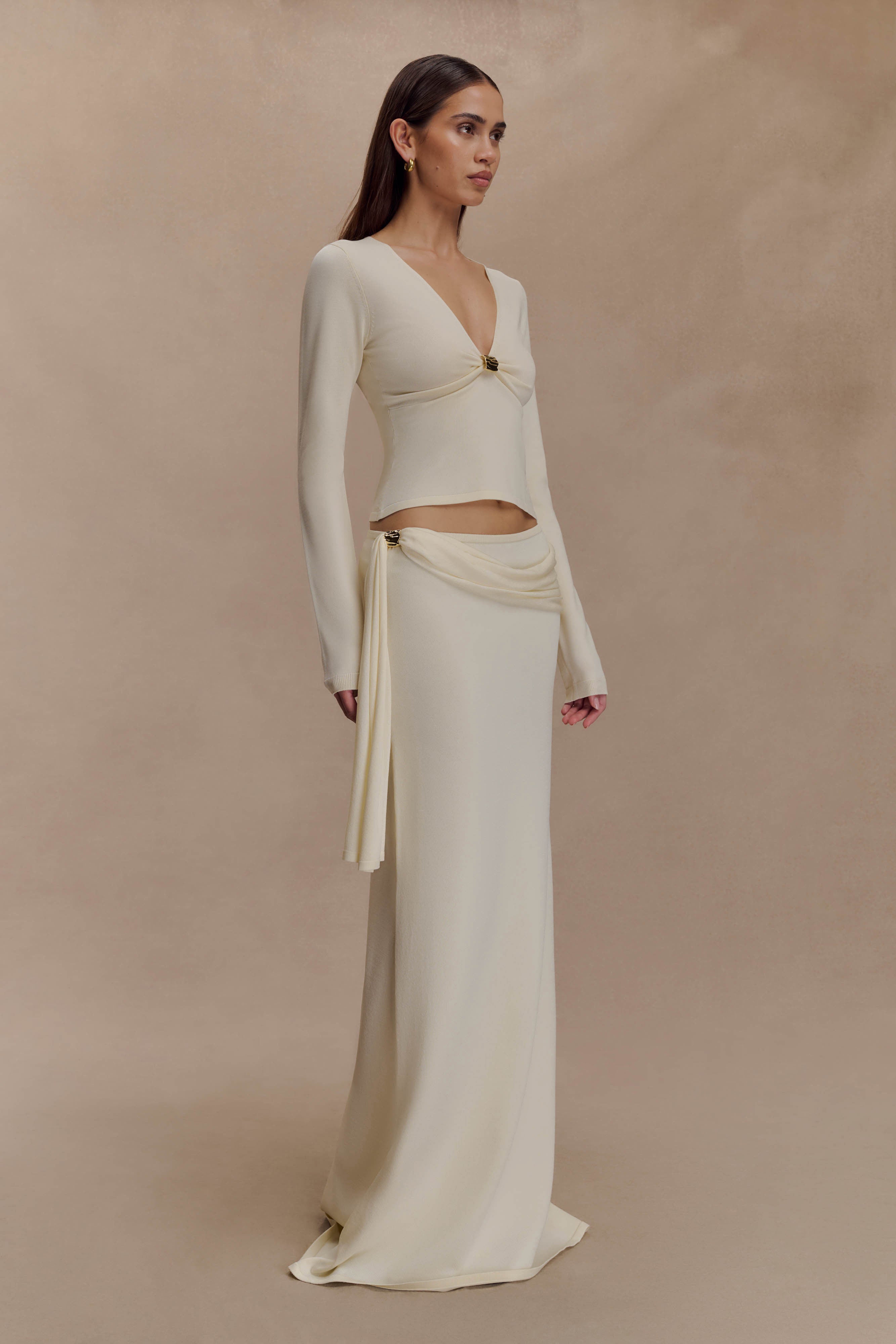 Miraby Front Ruched Knit Long Sleeve Top - Ivory