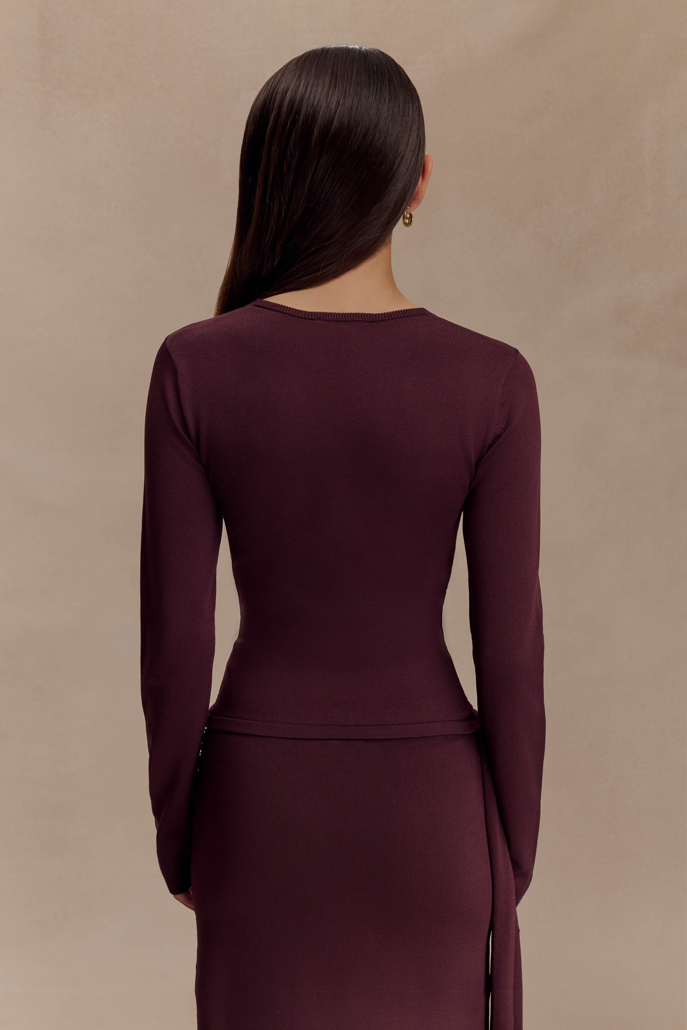 Miraby Front Ruched Knit Long Sleeve Top - Dark Chocolate