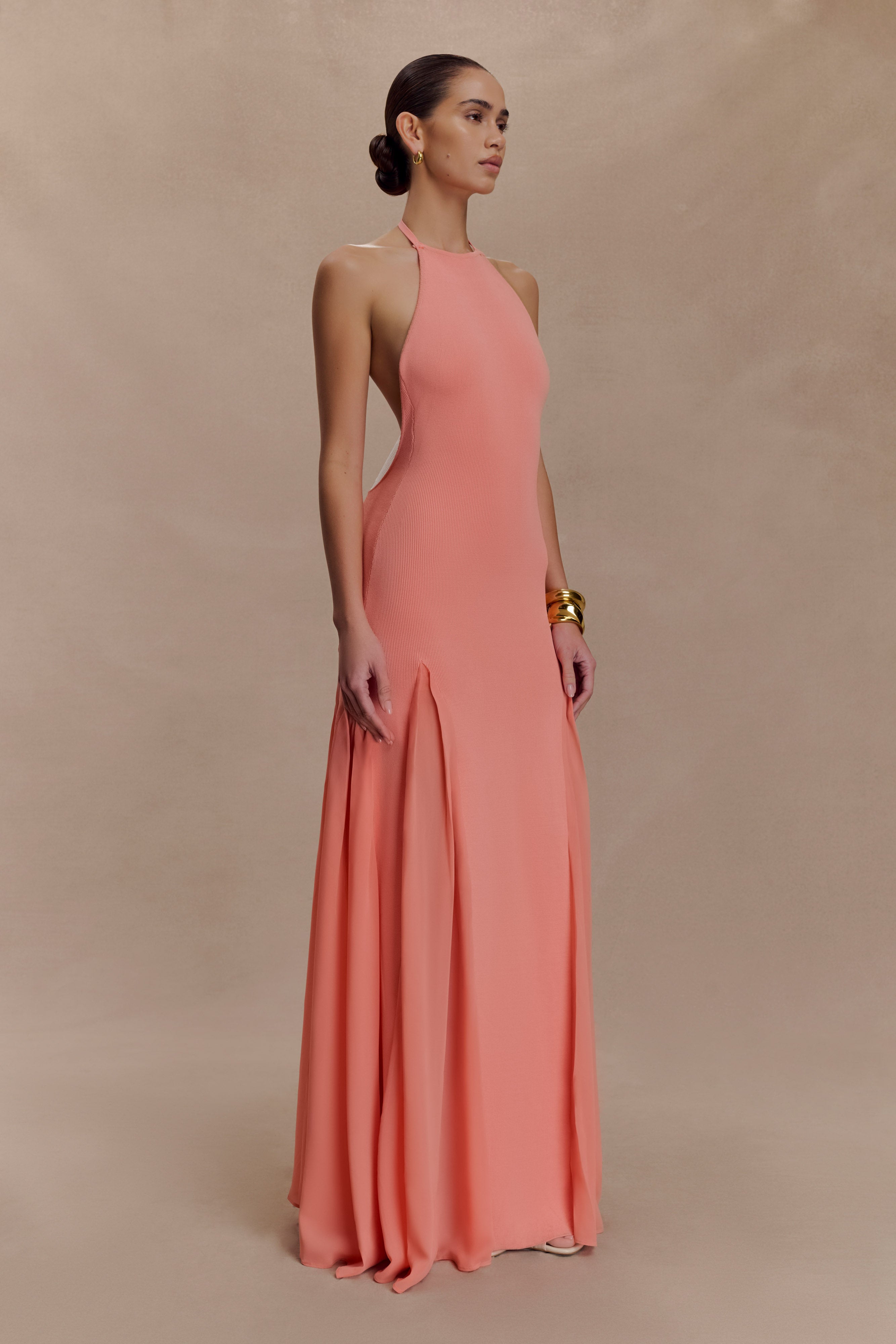 Soleil Knit And Mesh Halter Maxi Dress - Coral