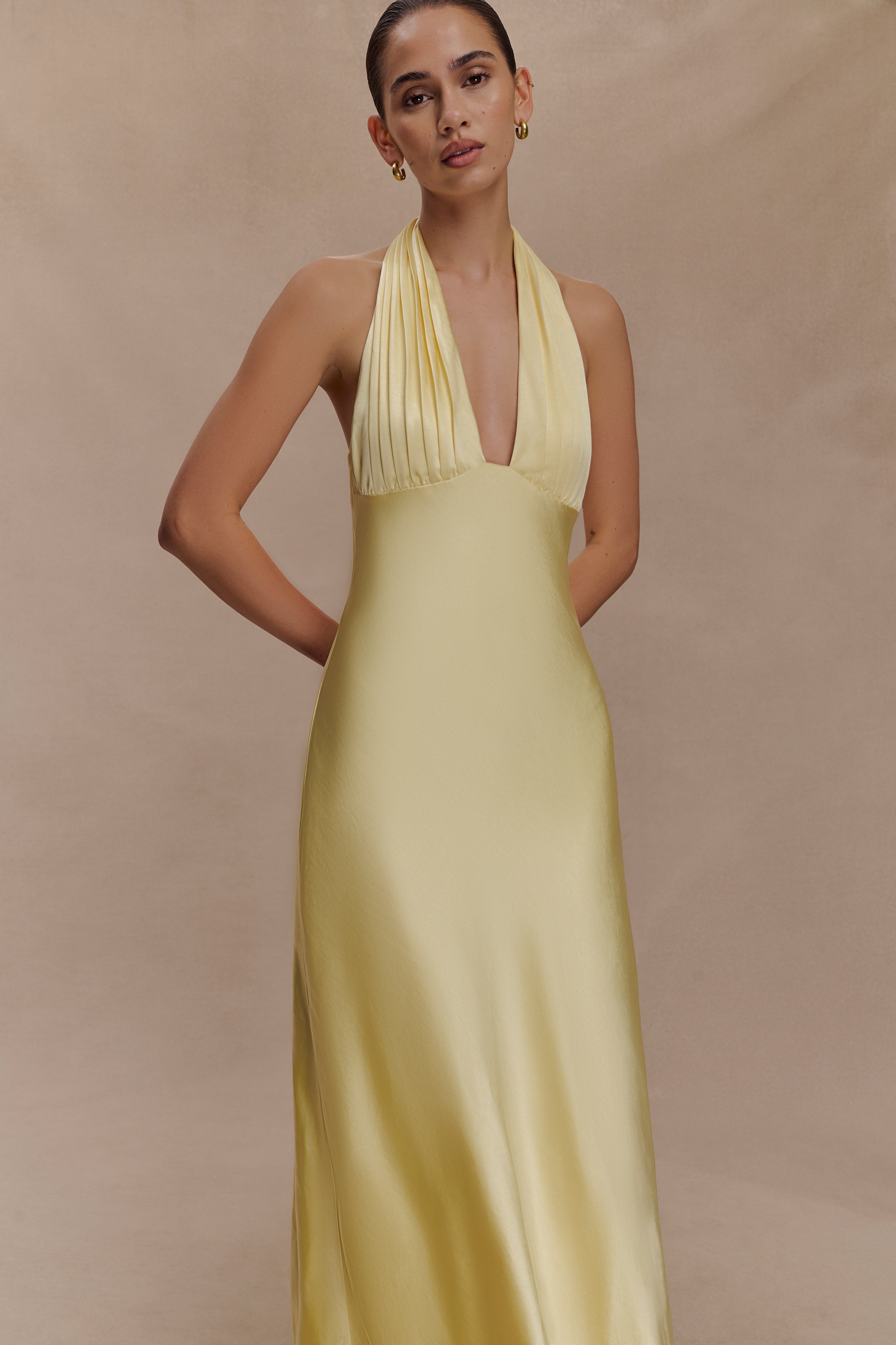 Alice Satin Halter Maxi Dress - Lemon