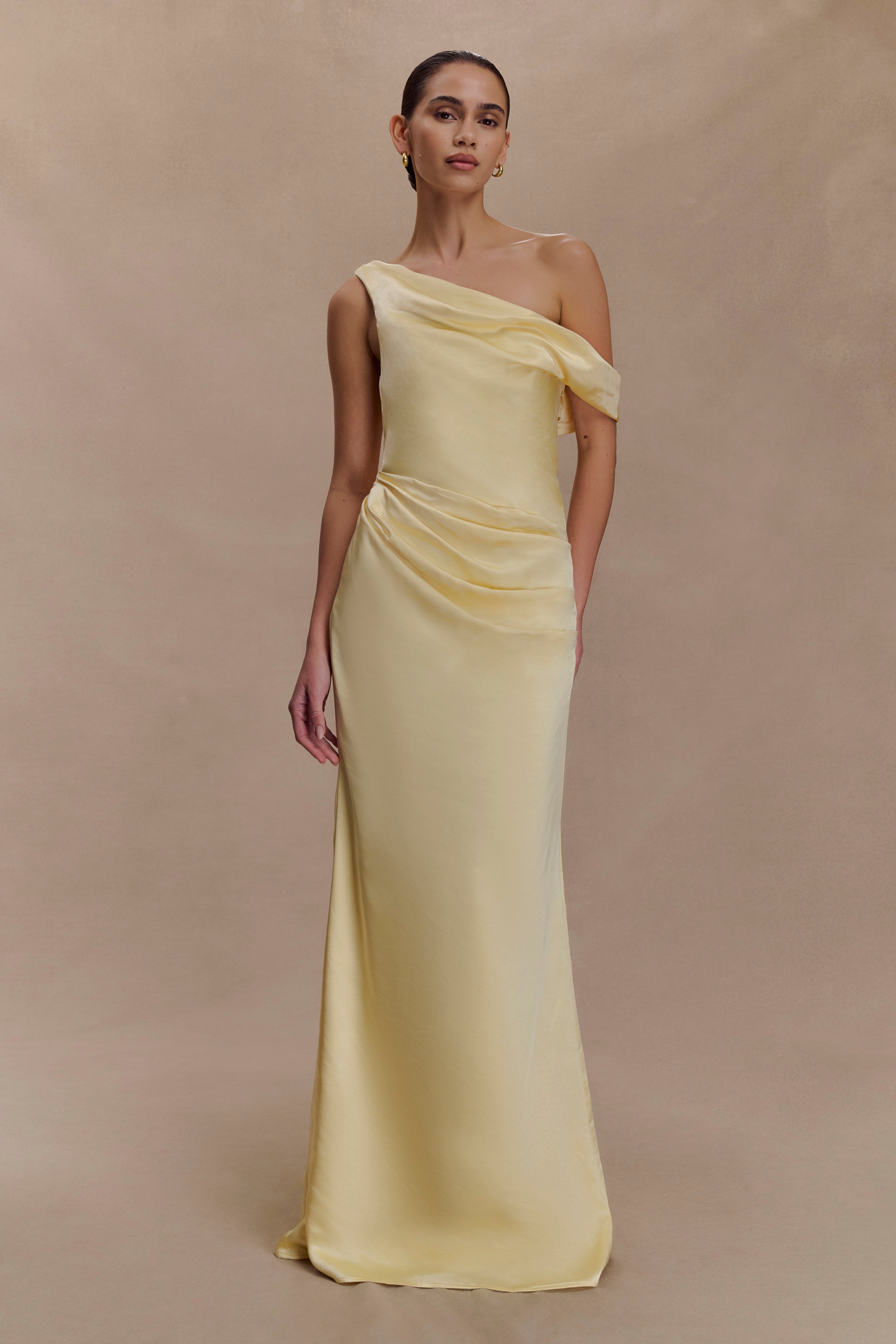 Dalia Off Shoulder Satin Maxi Dress - Lemon