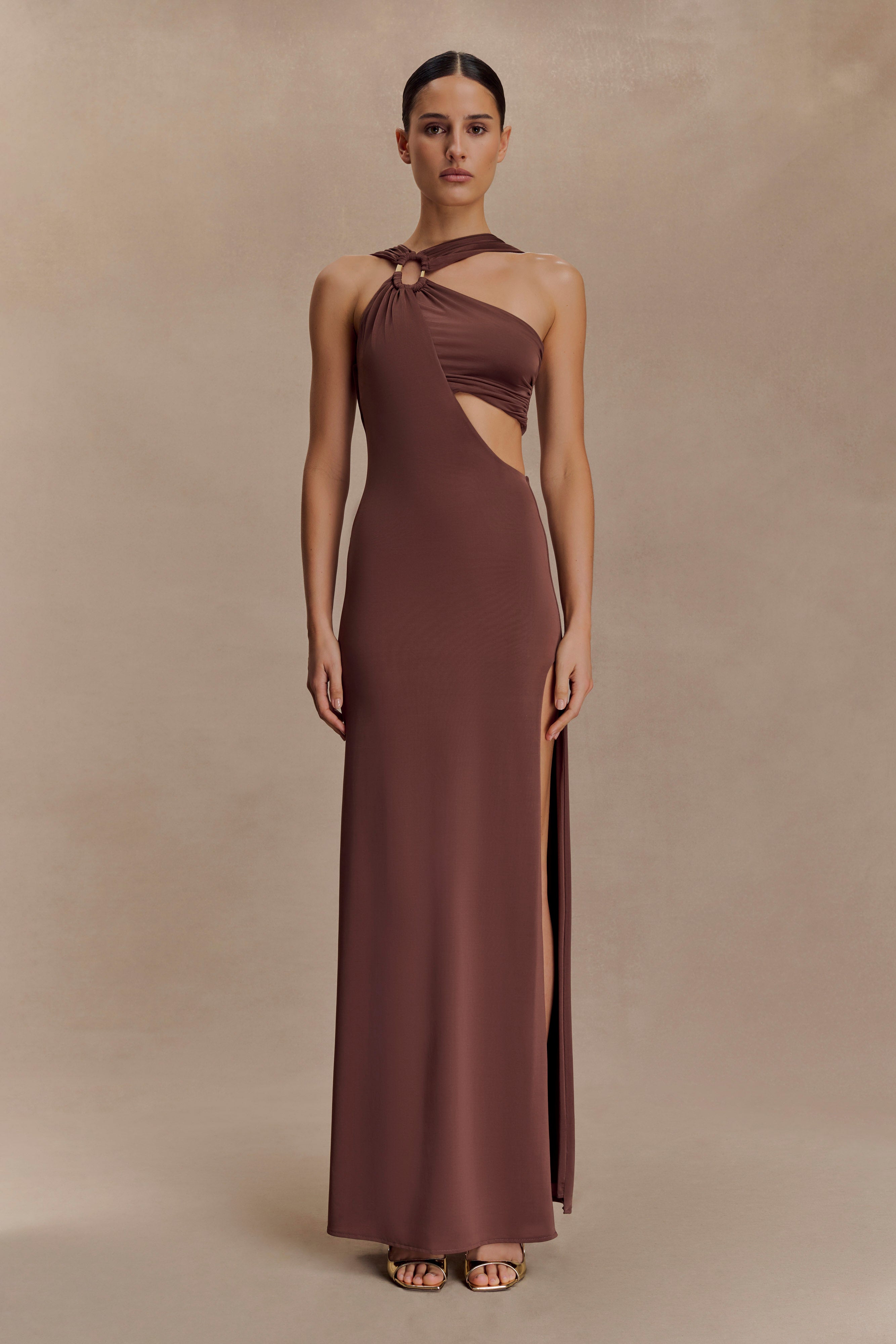 Lottie Slinky Maxi Dress With Split - Chocolate