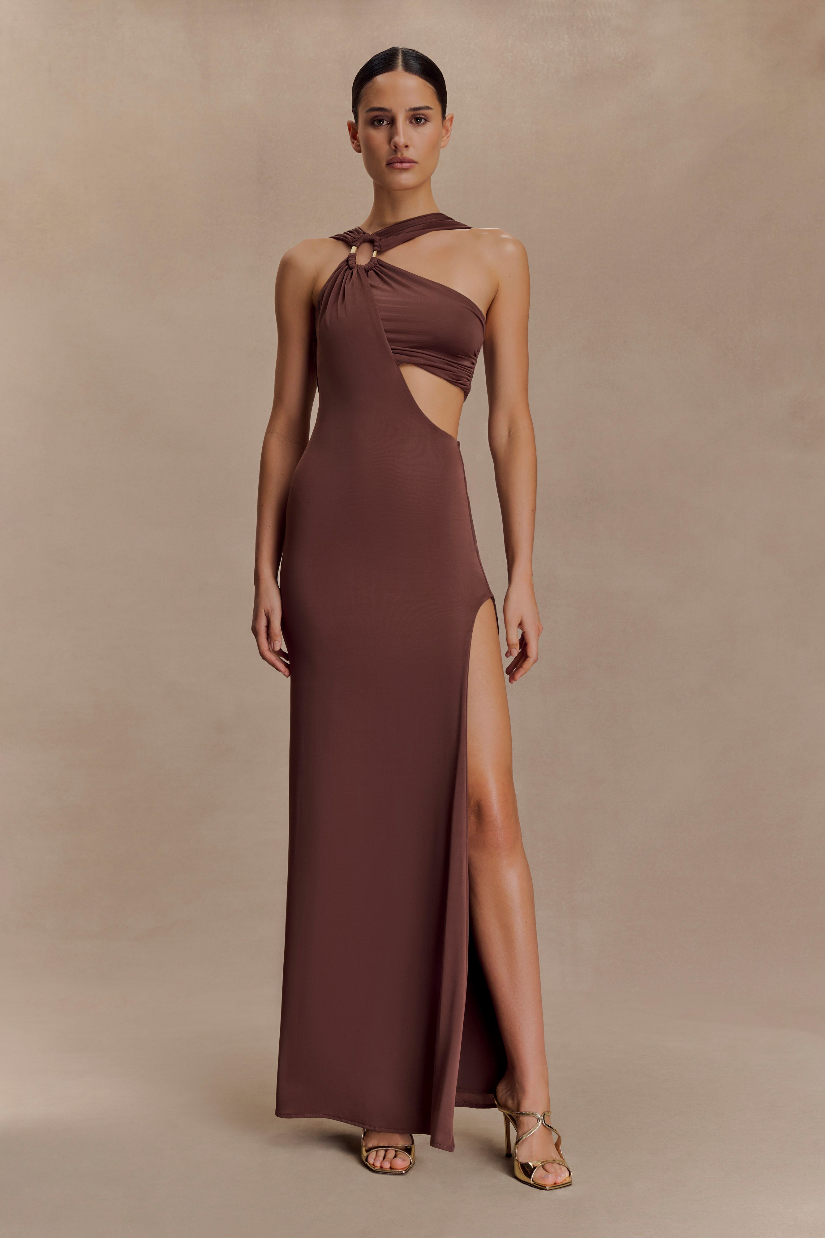 Lottie Slinky Maxi Dress With Split - Chocolate