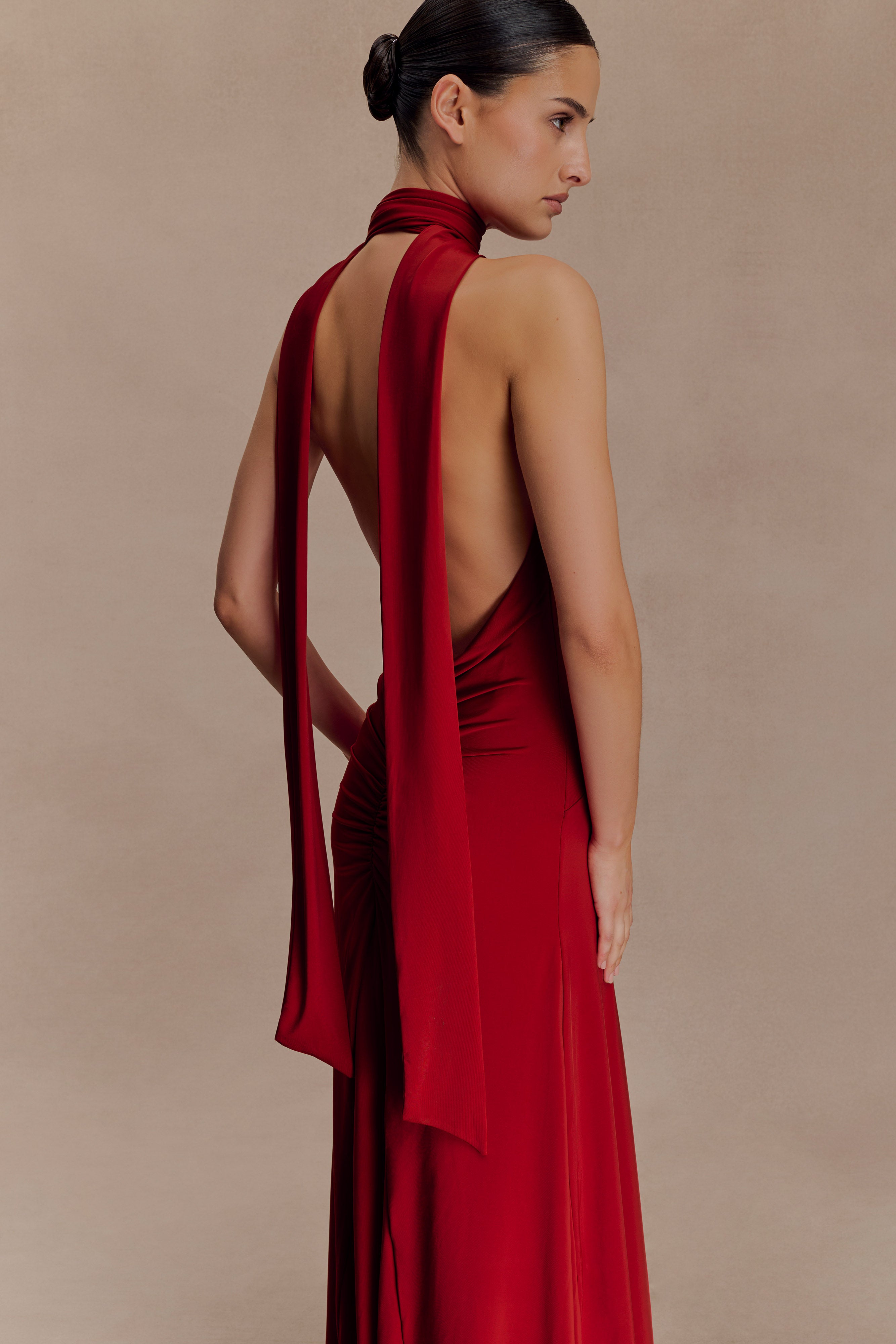 Juliet Slinky Maxi Dress With Scarf - Ruby