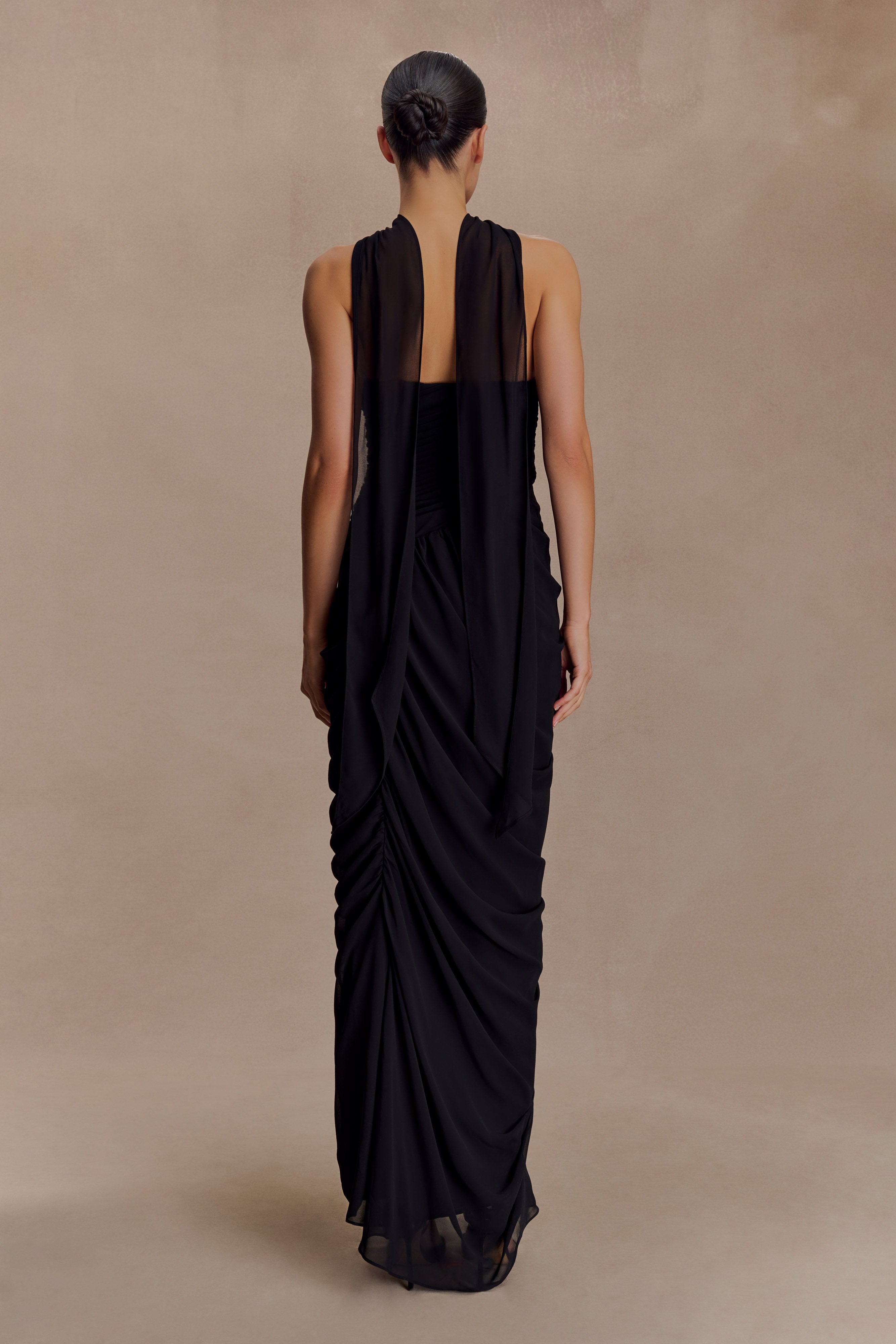 Micaela Chiffon Gathered Maxi Dress - Black