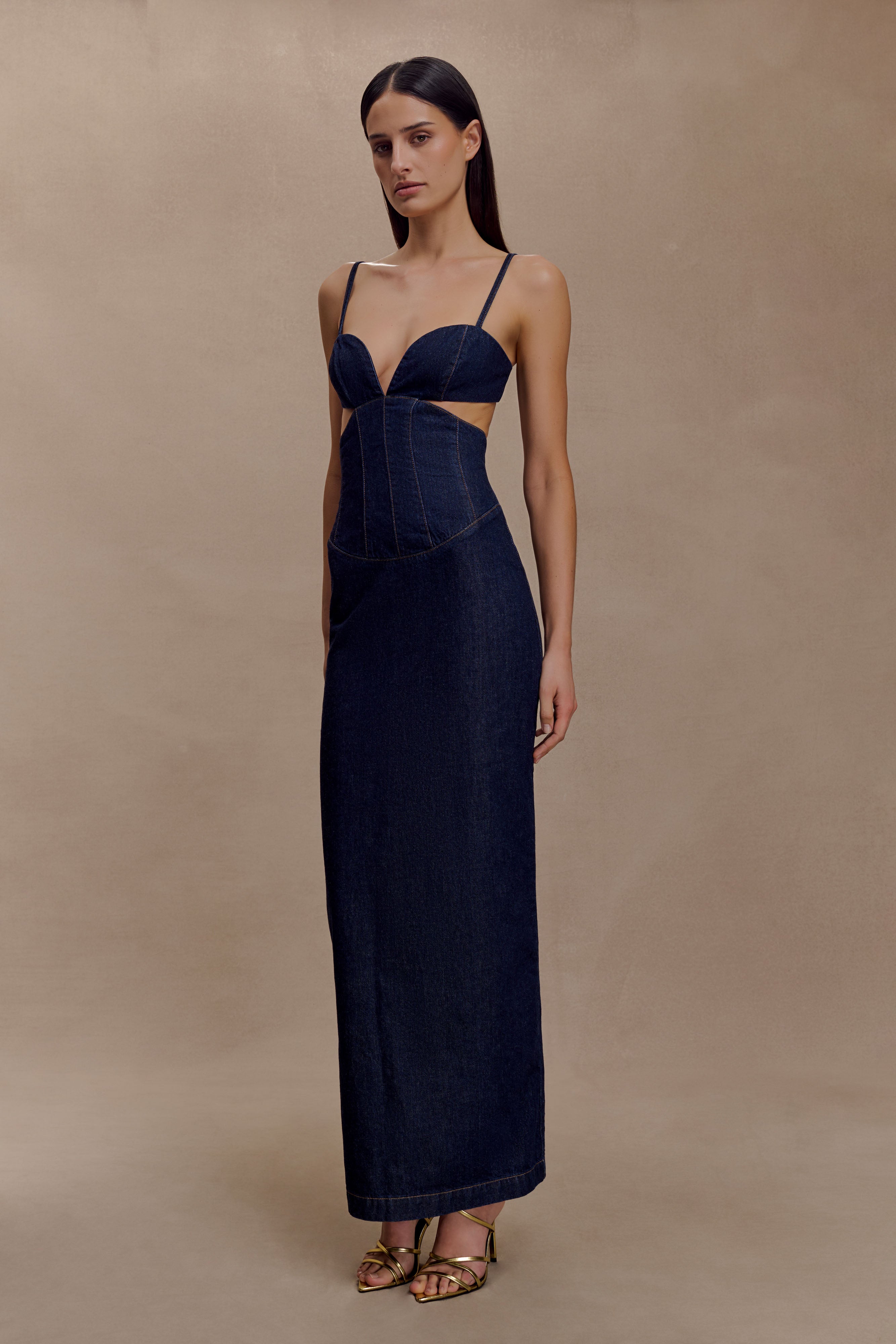 Amila Denim Cupped Maxi Dress - Indigo Blue