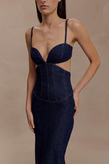 Amila Denim Cupped Maxi Dress - Indigo Blue