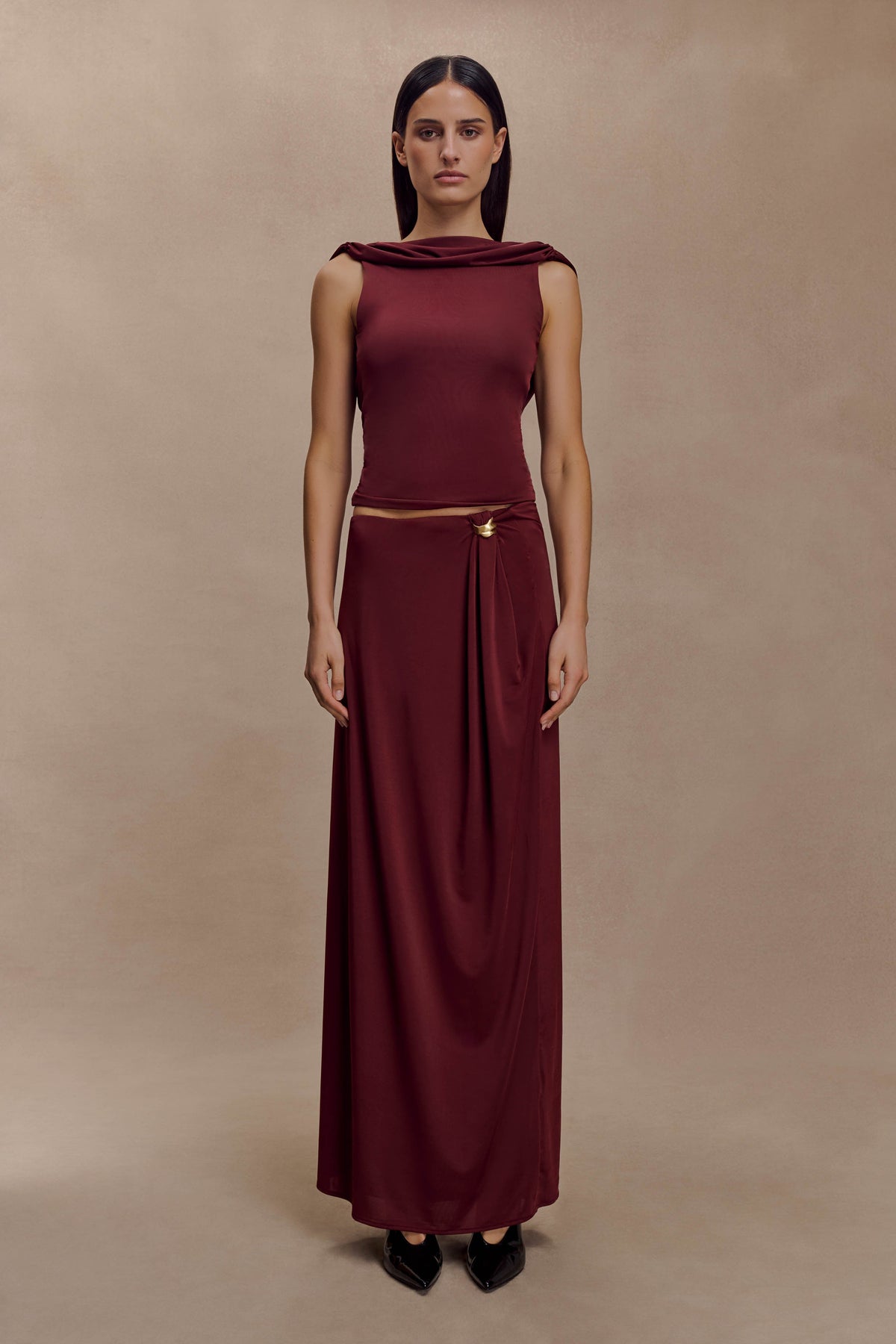 Bridget Slinky Maxi Skirt With Hardware - Burgundy
